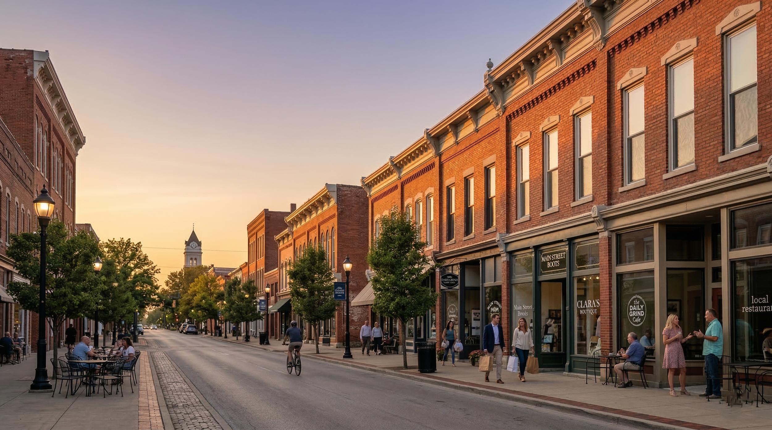 Downtown street scene at sunset with brick buildings, trees, sidewalk cafes, and pedestrians.