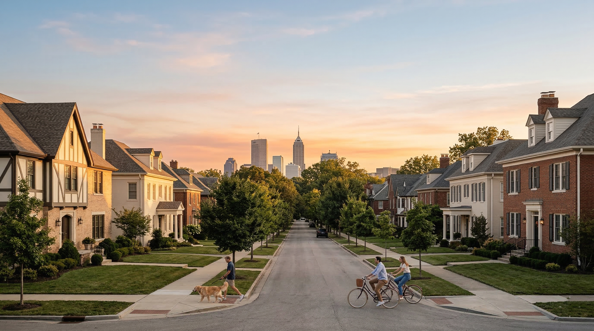Suburban neighborhood street at sunset with trees, houses, and two people riding bicycles while a man walks his dog.
