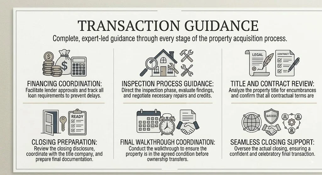 Guide titled 'Transaction Guidance' with sections on financing coordination, inspection process guidance, title and contract review, closing preparation, final walkthrough coordination, and seamless closing support, each with icons illustrating the concepts.