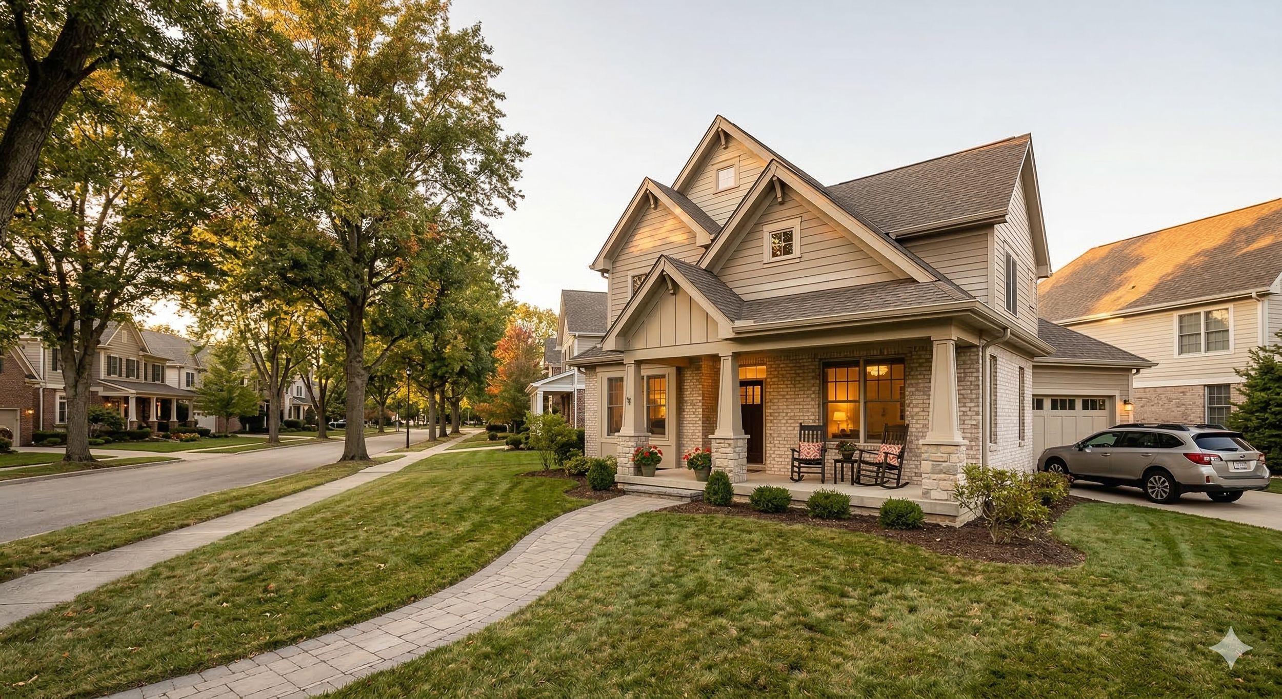 A suburban house with a front porch, two rocking chairs, and a car parked in the driveway, surrounded by a lawn and trees.