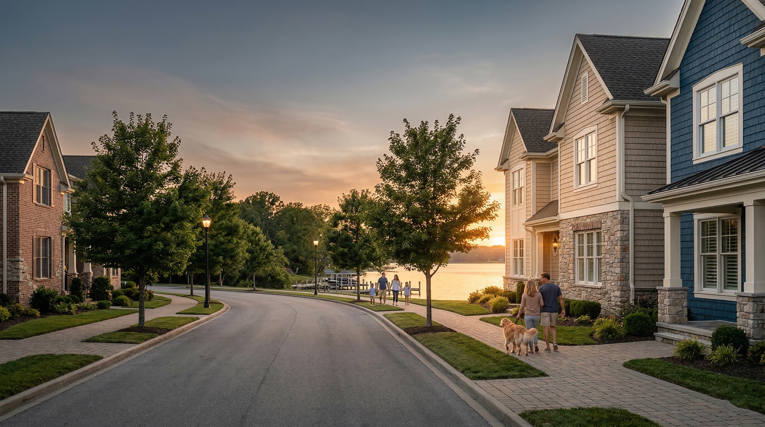 A suburban neighborhood street at sunset with houses, trees, and a family walking their dogs along the sidewalk near a lake.