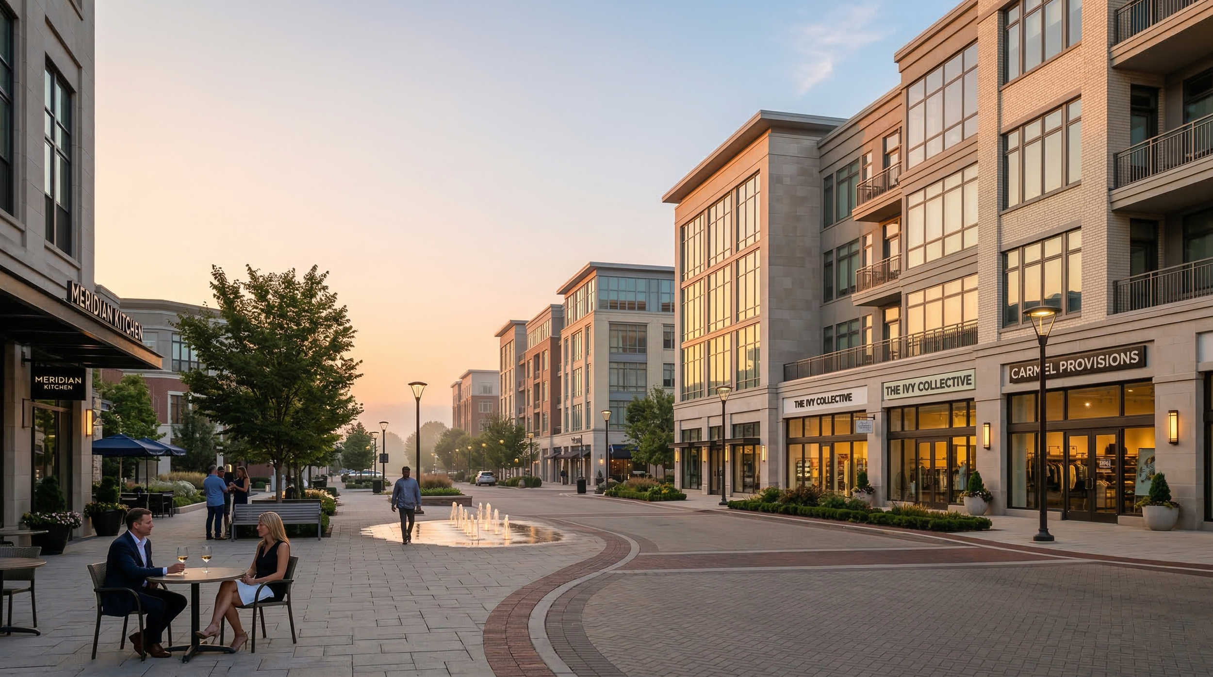 People sitting at outdoor tables with drinks in front of modern retail buildings at sunset, including a water fountain, trees, and street lamps.