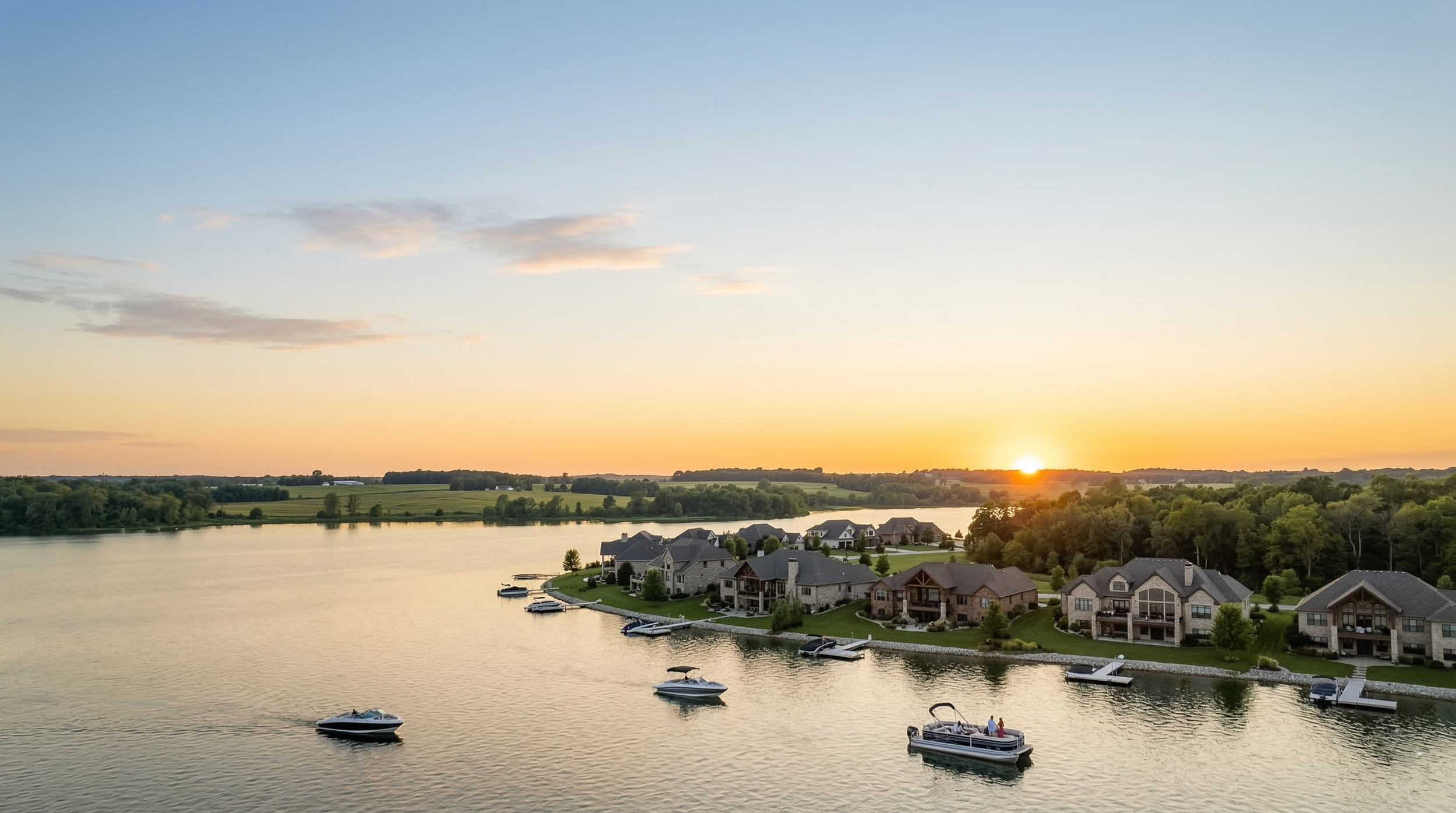 A peaceful lakeside residential area at sunset with several boats on the water, lush green trees, and houses with docks along the shoreline.