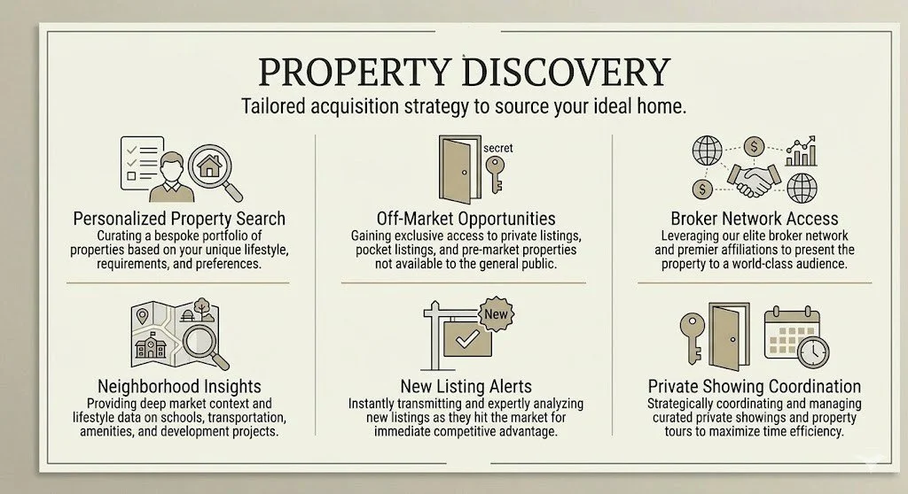 A property discovery infographic outlining strategies for sourcing homes, including personalized property search, off-market opportunities, broker network access, neighborhood insights, new listing alerts, and private showing coordination.