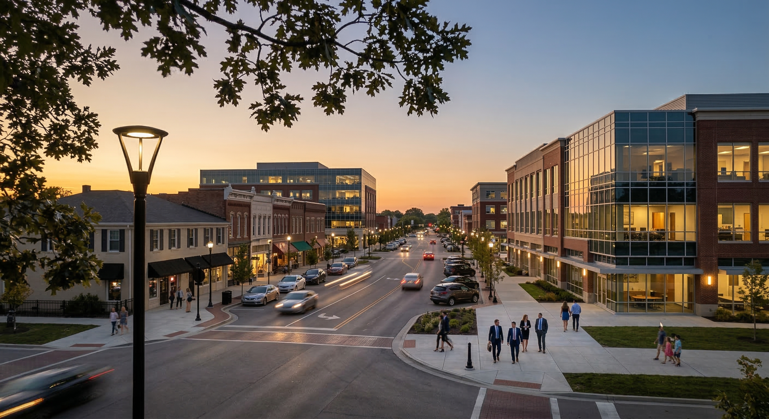 A busy city street during sunset with people walking on sidewalks, cars moving, and modern office buildings with glass facades reflecting the sunset.