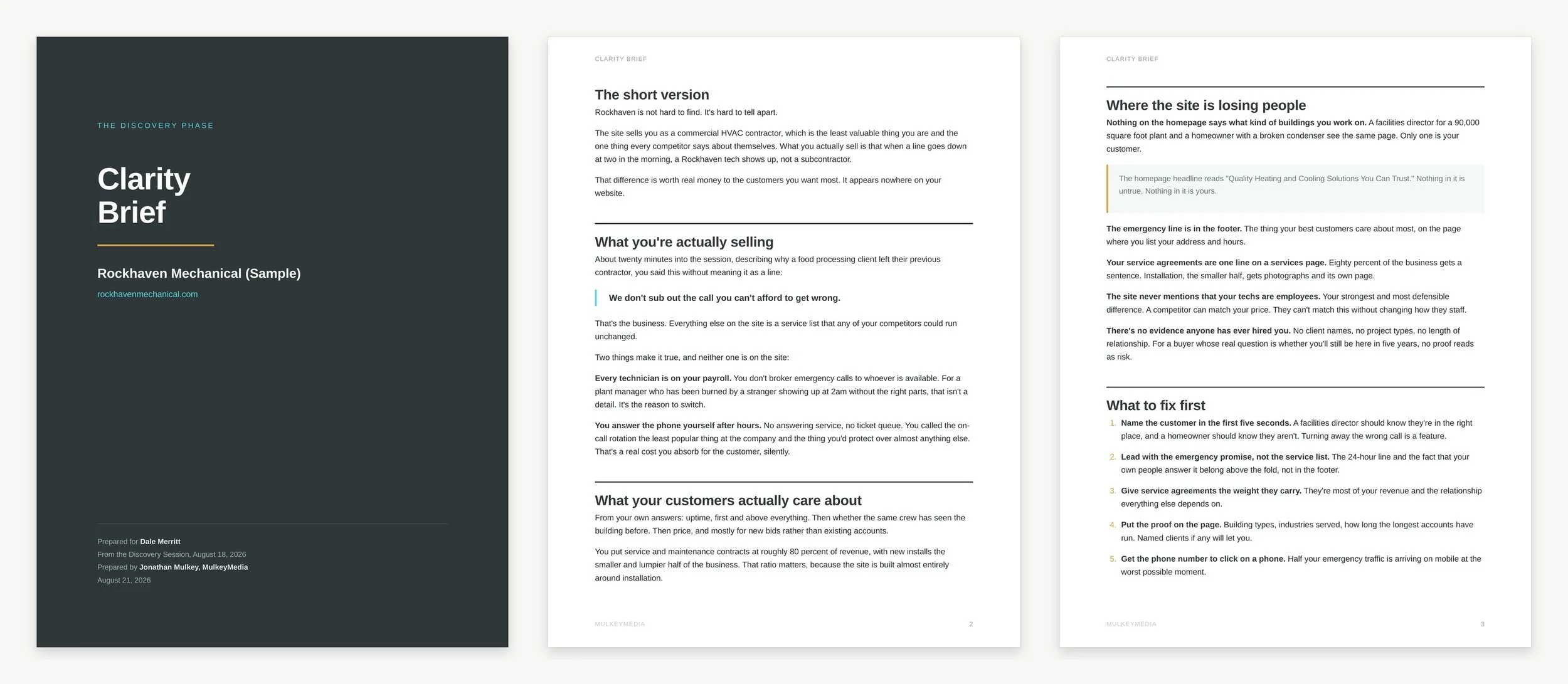 Three pages of a sample Clarity Brief, showing the diagnosis and what to fix first.