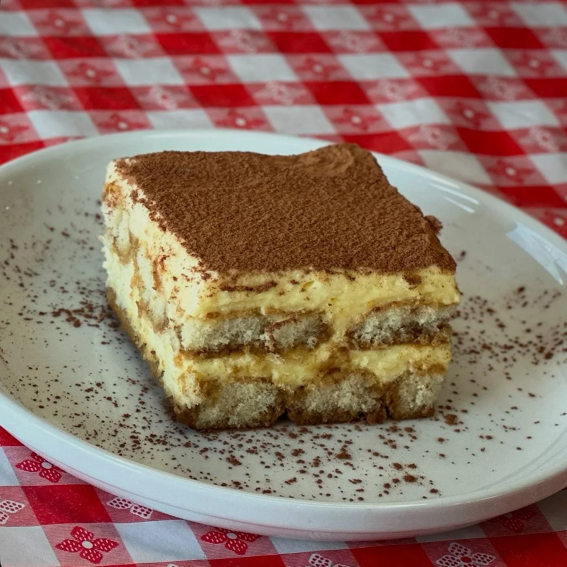 A slice of tiramisu cake with cocoa powder on top on a white oval plate, set on a red and white checkered tablecloth.