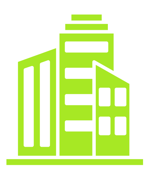 Green icons of three different buildings with a flat base, representing a cityscape or business district.