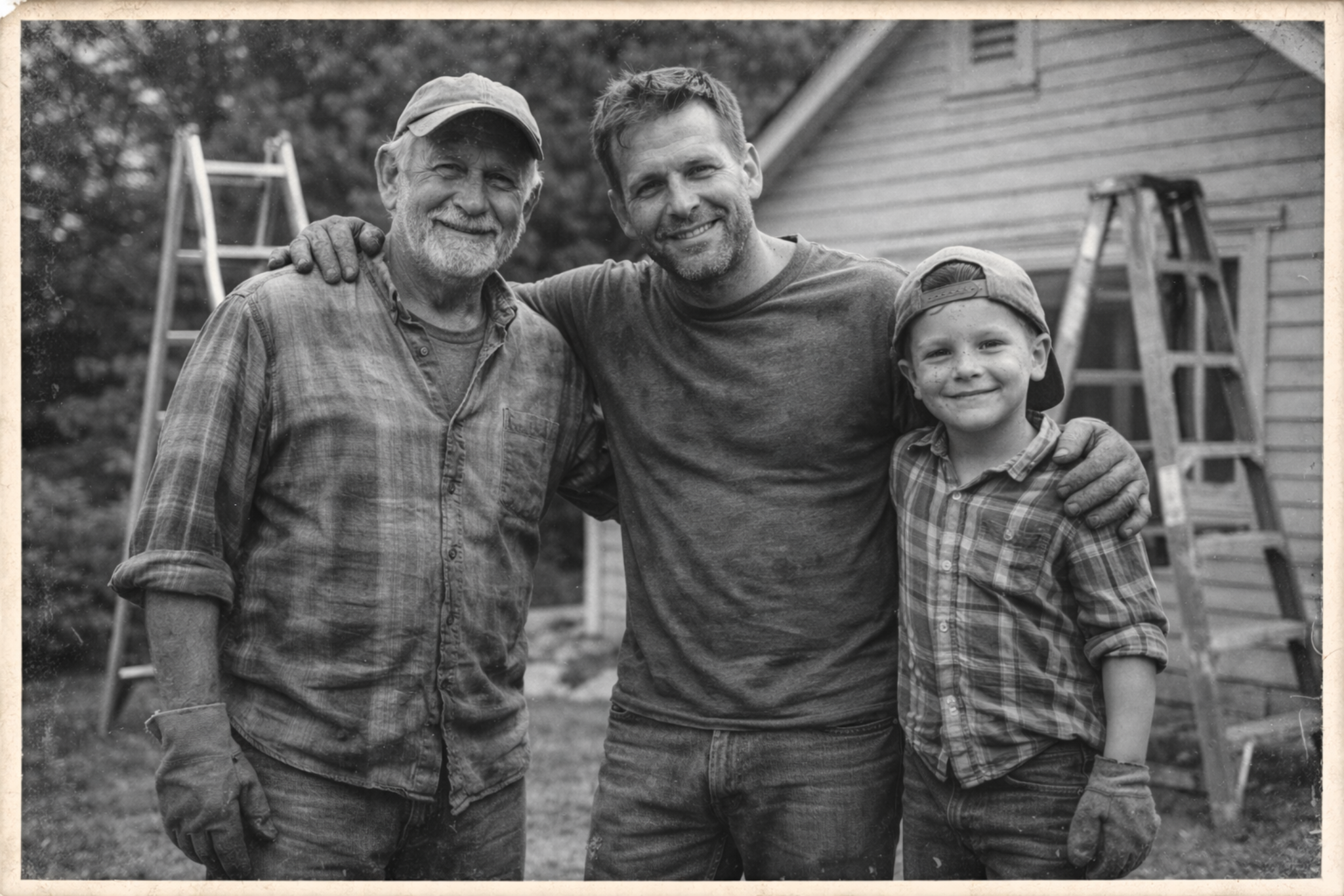 Three men smiling, standing outdoors near a house, with ladders in the background, dressed in work clothes, possibly after completing a building or renovation project.