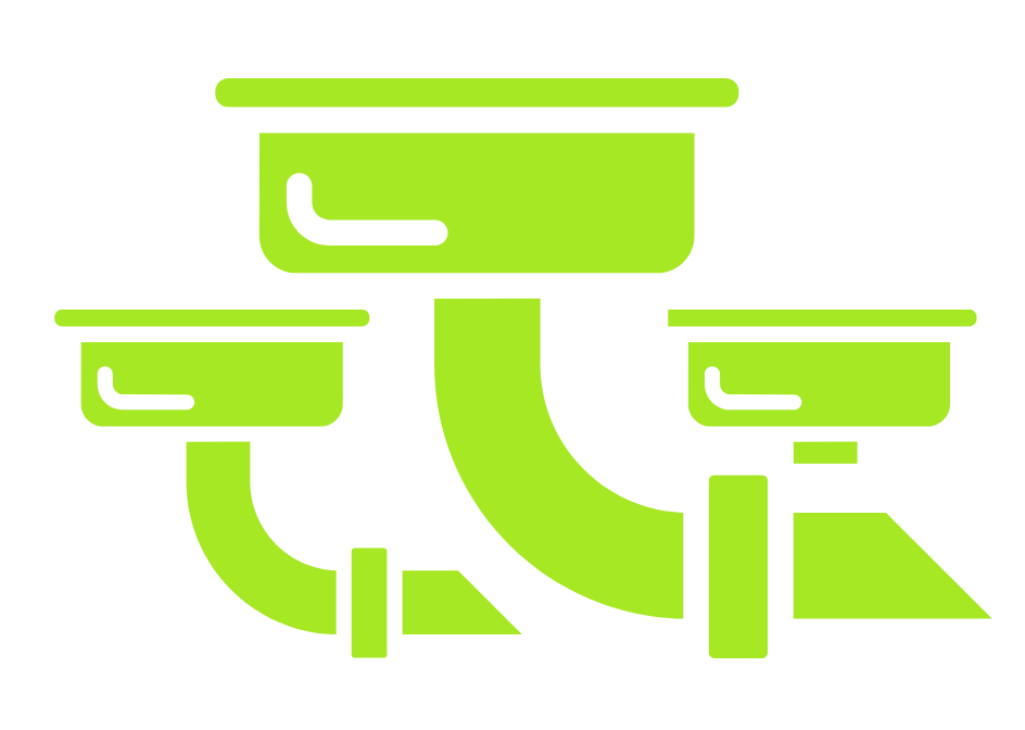 Green plumbing pipe system with three horizontal pipes, one large vertical pipe, and a pipe with a slope on the right, all set against a black background.