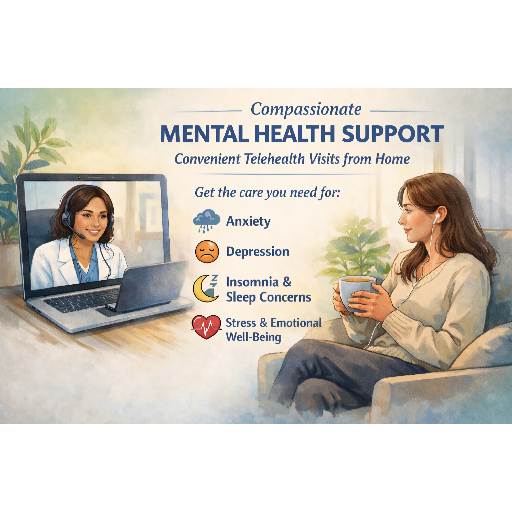 An illustration advertising compassionate mental health support through telehealth visits from home. It depicts a woman holding a cup, participating in a virtual counseling session with a female mental health professional on her laptop. The text highlights support for anxiety, depression, insomnia, sleep concerns, stress, and emotional well-being.