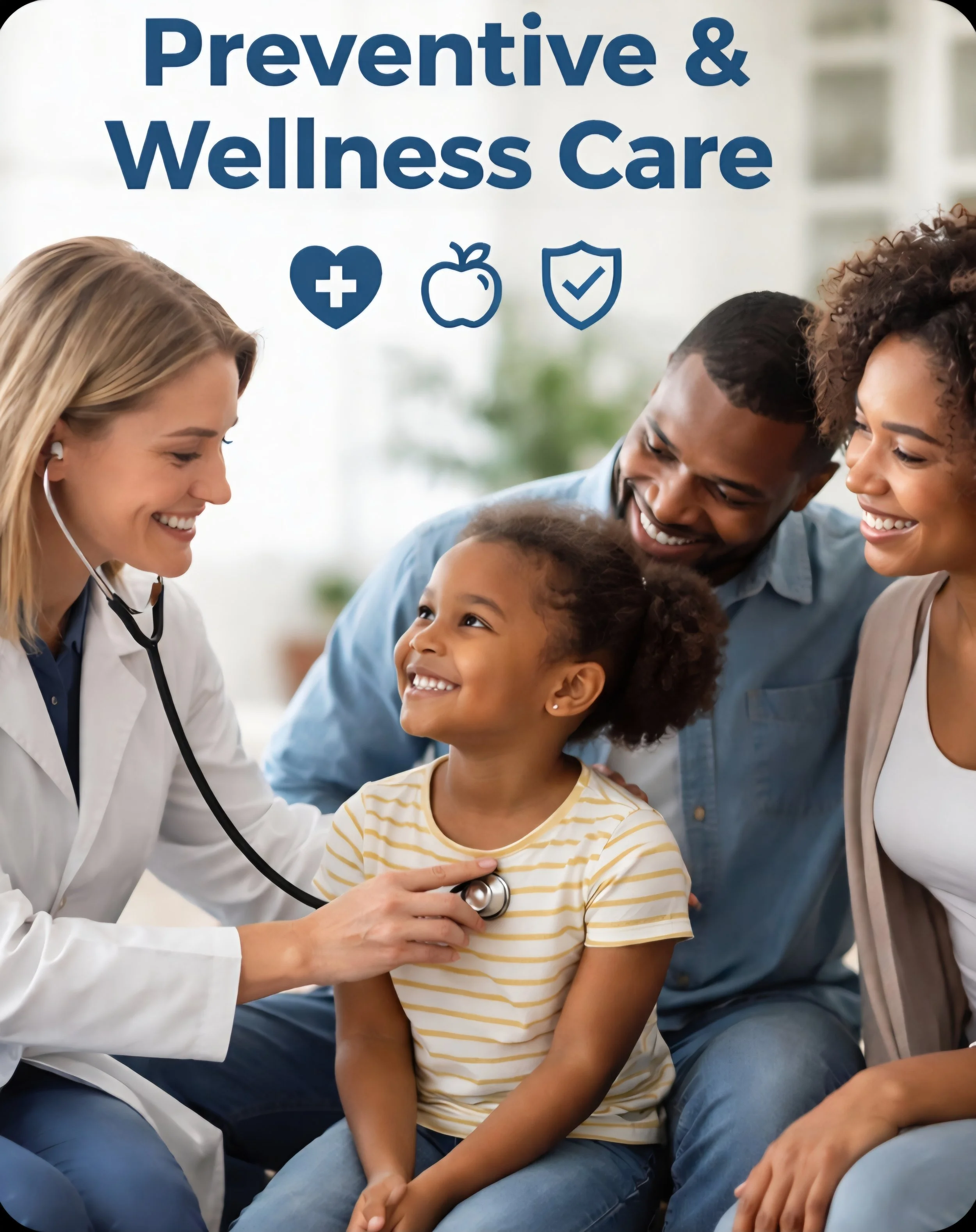 A healthcare professional using a stethoscope to examine a smiling young girl, with her parents nearby, in a wellness or preventive care setting. Dr. Mardea Norman, Norman Family Medicine