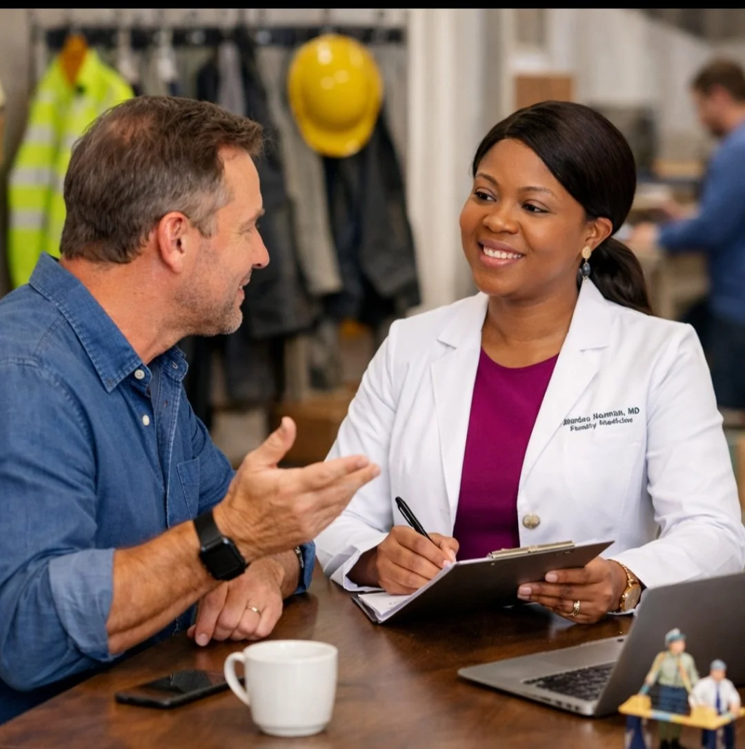 A man and a woman are having a discussion at a work desk. The woman is wearing a white coat labeled 'MD', and the man is gesturing while speaking. There is a laptop, a coffee mug, and a calculator on the desk, with safety gear hanging on the wall in the background.
