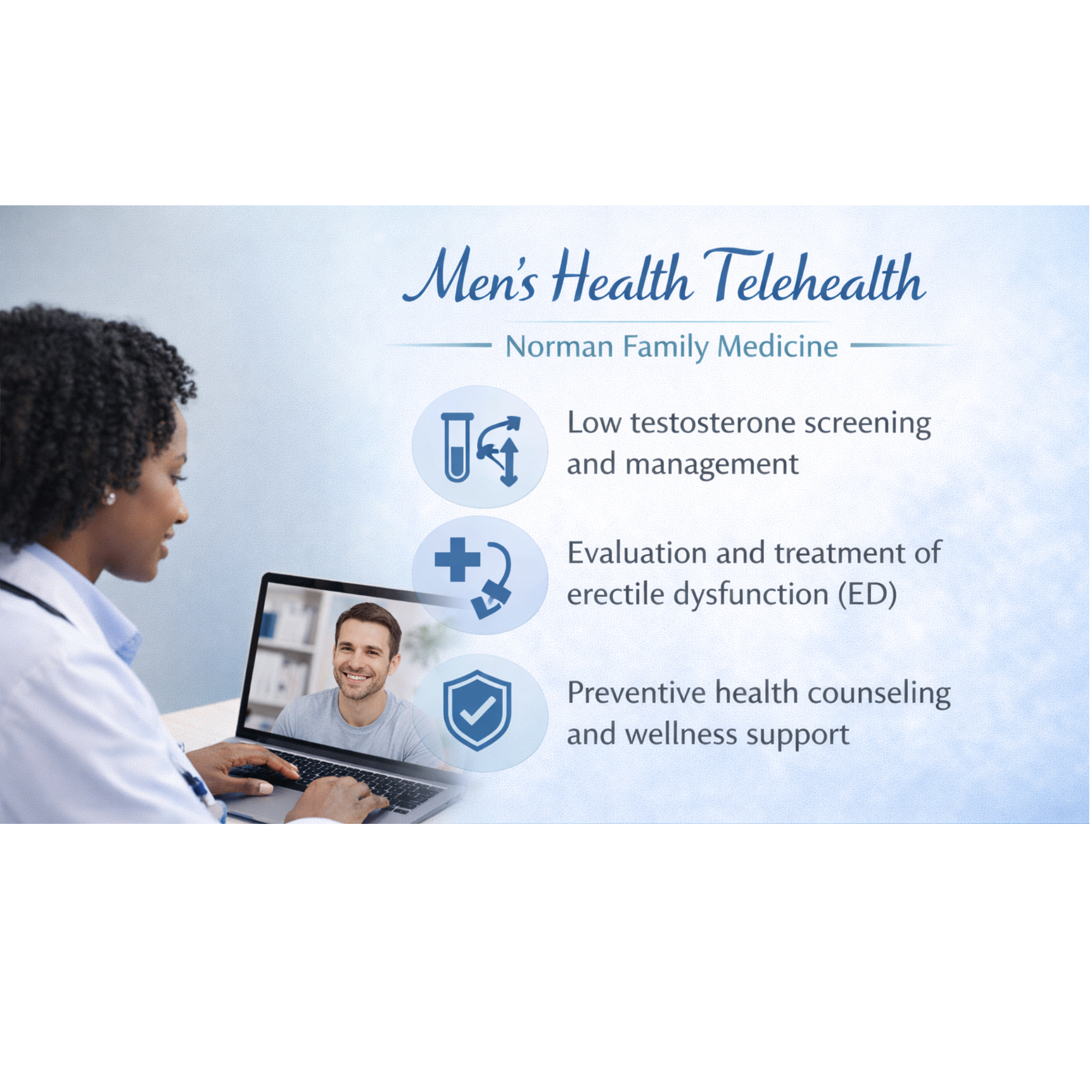 A woman in a white coat participating in a telehealth consultation with a smiling man on a laptop screen, with text highlighting men's health services including testosterone screening, evaluation of erectile dysfunction, and wellness support.
