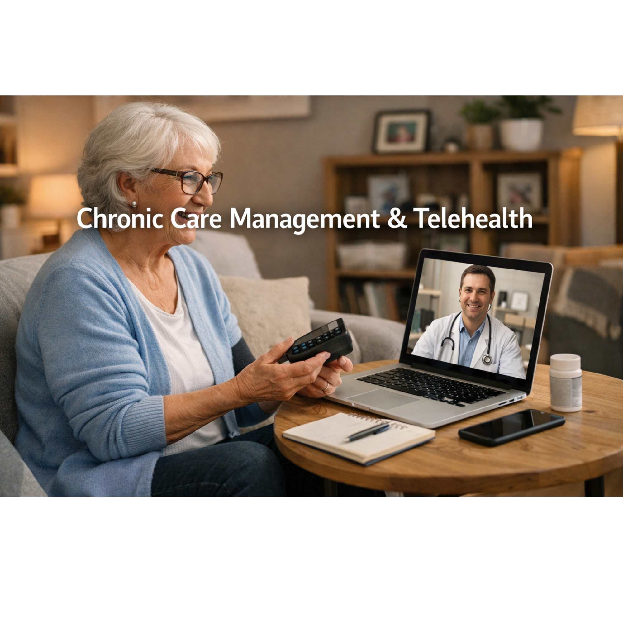 Older woman with white hair and glasses on a video call with a doctor, sitting at a wooden table in a cozy living room.