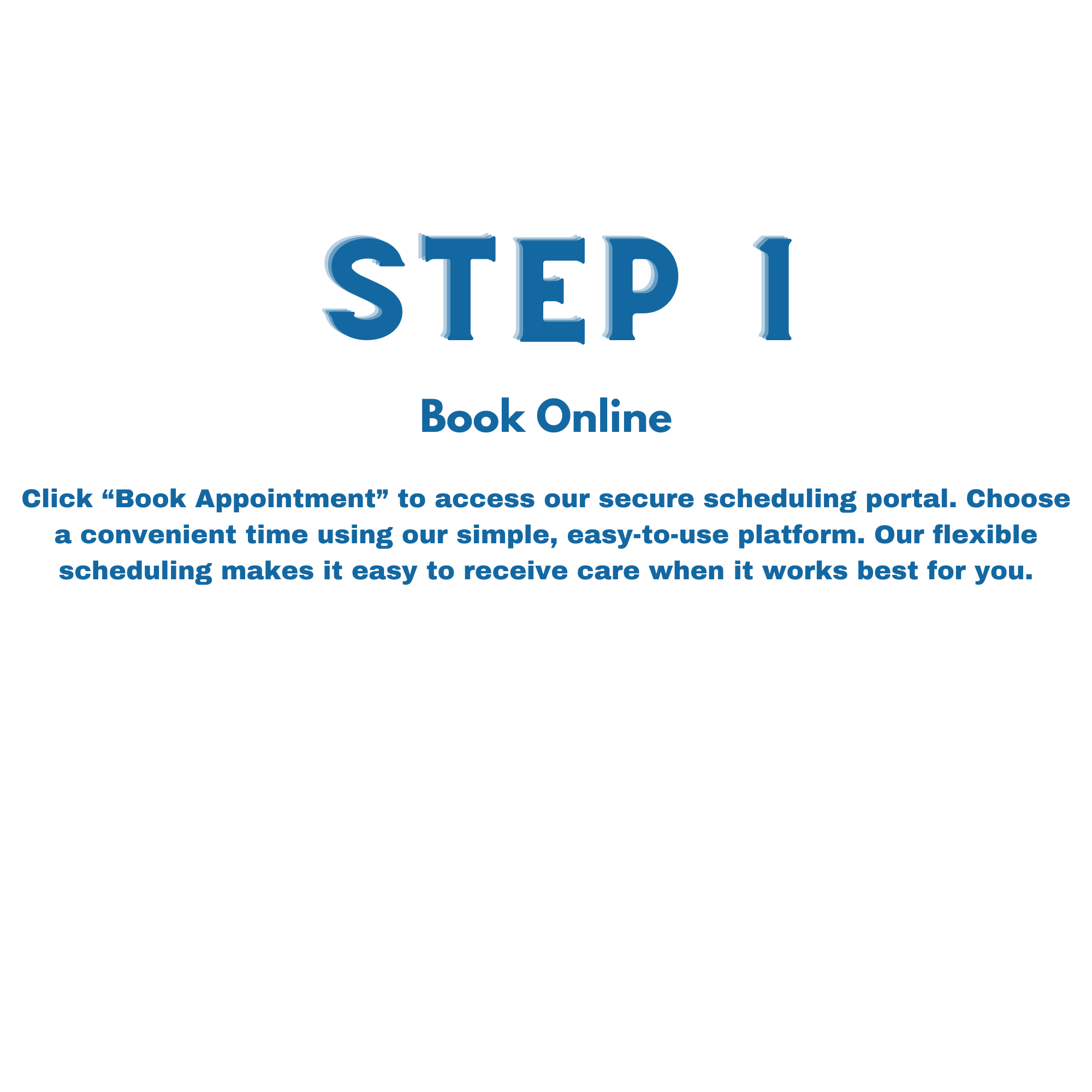 Instructions for booking an appointment online, with a focus on Step 1: Book Online, encouraging users to click 'Book Appointment' for scheduling.