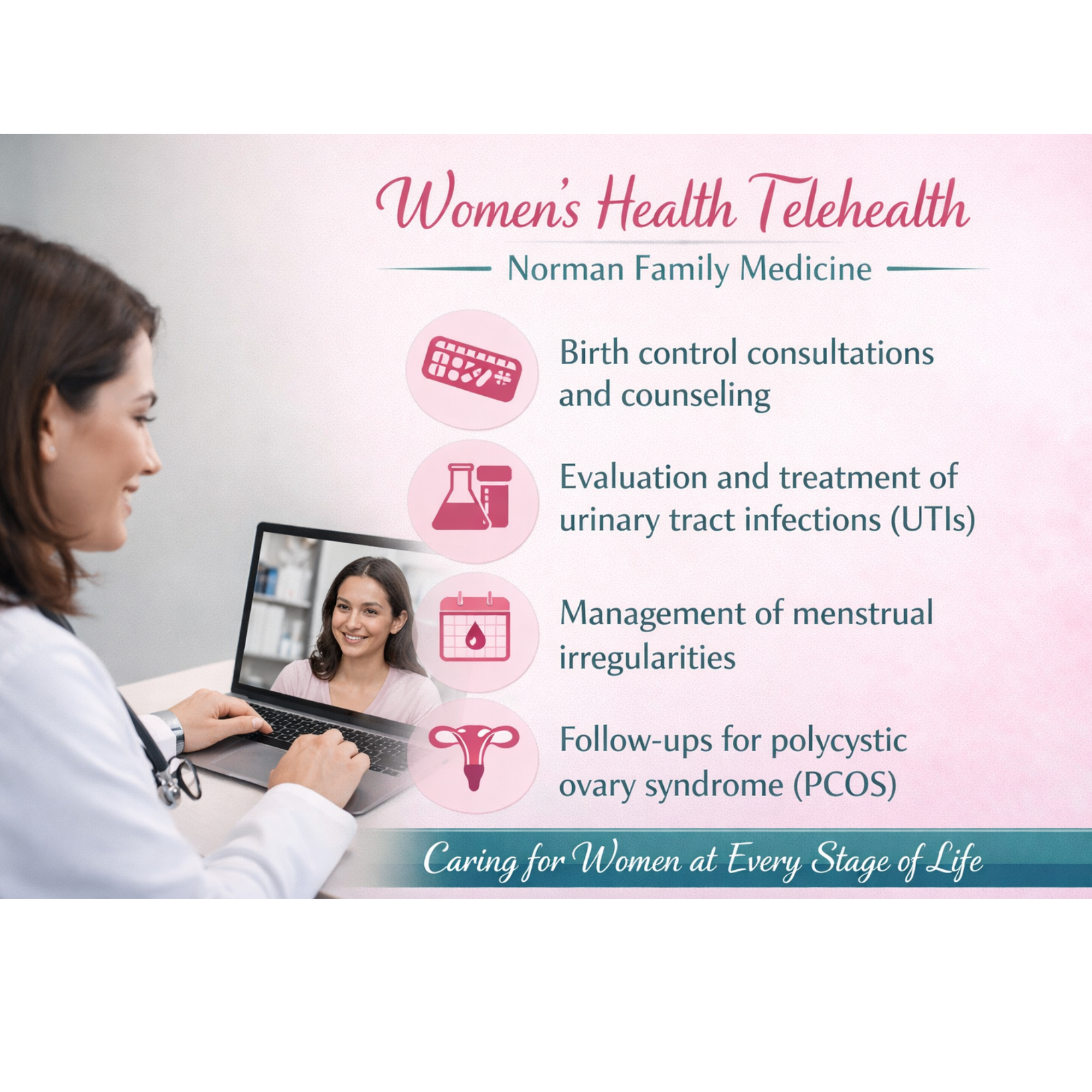 A woman doctor on a video call with a female patient, displaying women's health telehealth services including birth control counseling, urinary tract infection treatment, menstrual irregularities management, and polycystic ovary syndrome follow-ups.