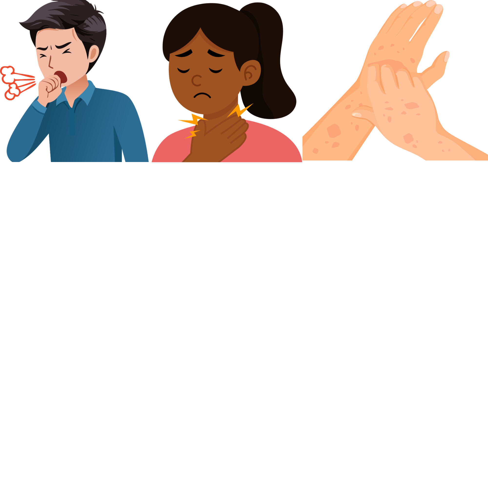 Illustration of three symptoms: a man coughing with hand over mouth, a woman with throat pain touching neck, hands with rash or spots.