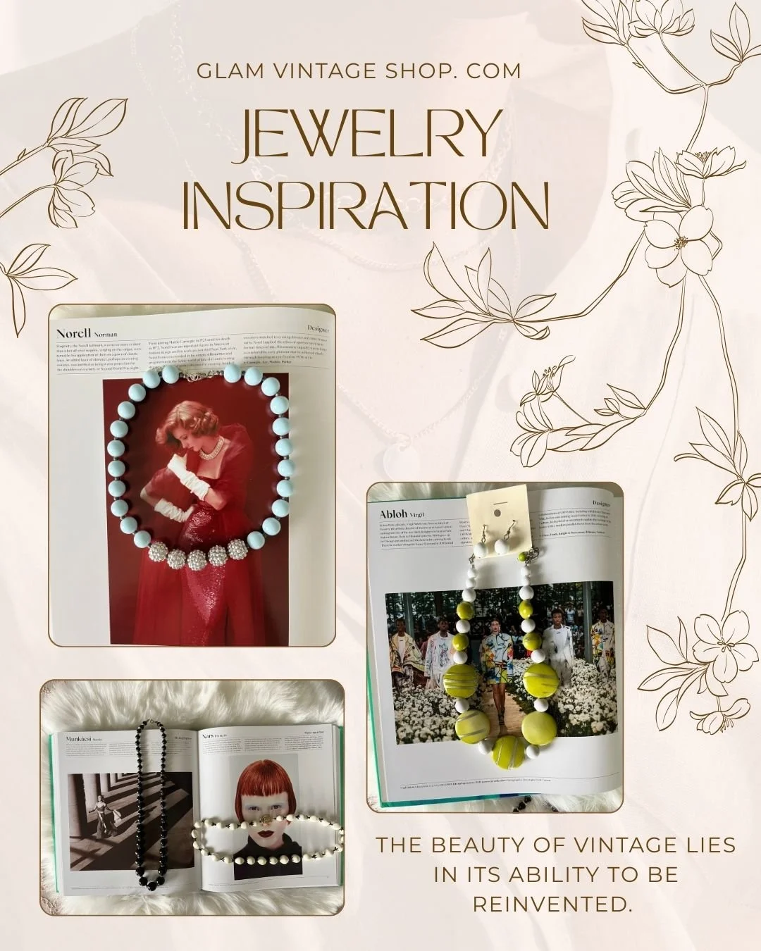 Curated. Reimagined. Timeless. 

Chalky blues, citrus greens, and classic noir.

A look inside our current inspiration board, where vintage resins and statement beads meet the pages of iconic fashion archives. Explore the collection that blends the b