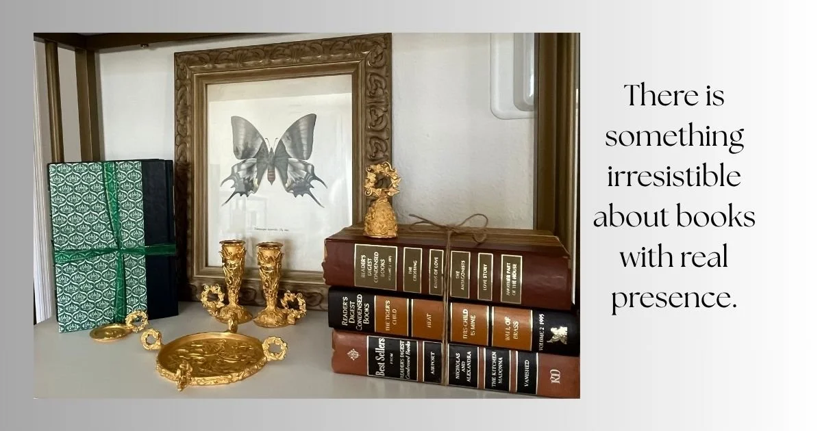 There is something irresistible about books with real presence. The color, the texture, the weight, the sense of history. Styled into a room, they bring beauty, culture, and a feeling of quiet sophistication. Too beautiful to ignore.

#GlamVintage #C