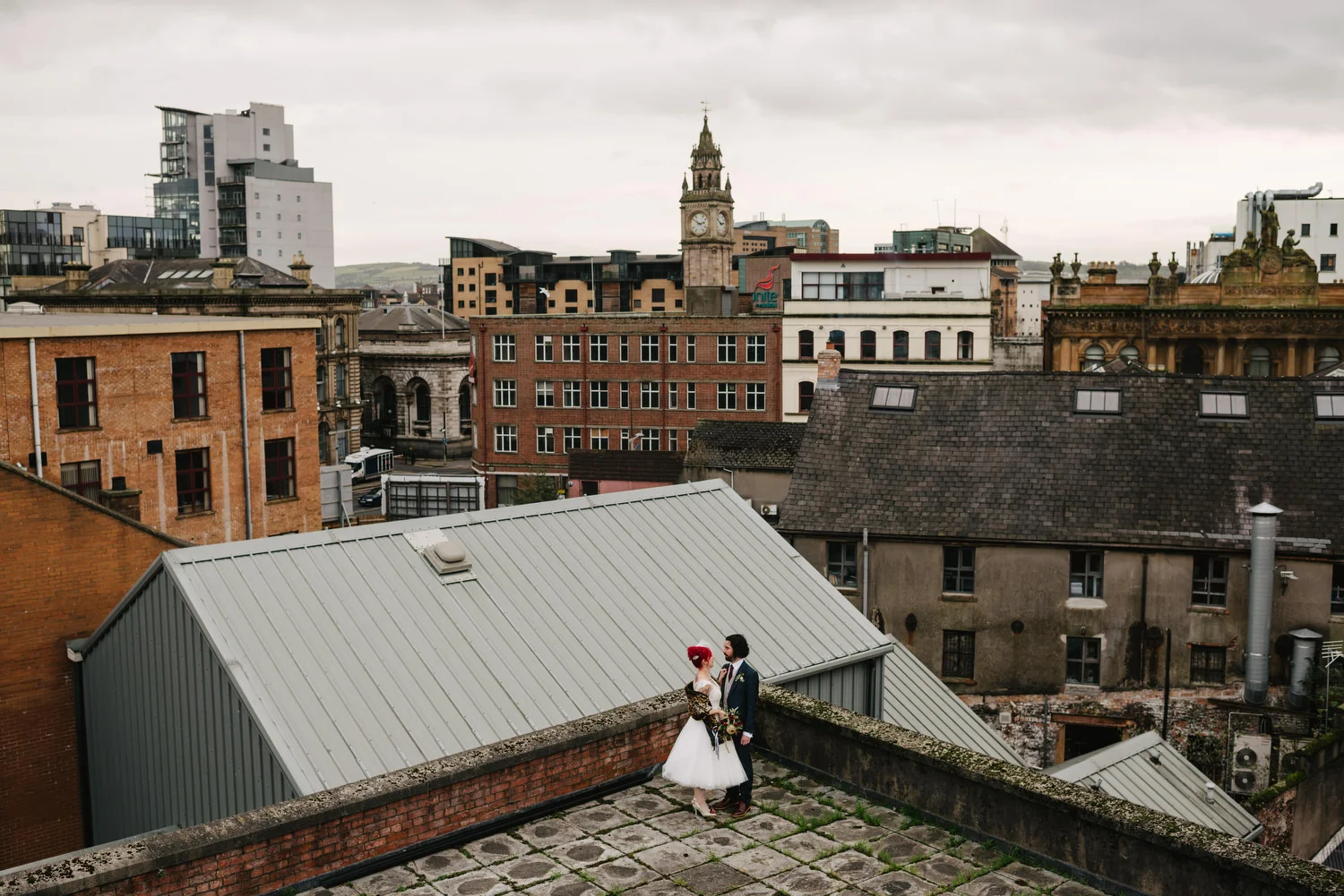 A couple photographed on the The Oh Yeah Centre Rooftop in Belfast, Nothern ireland.