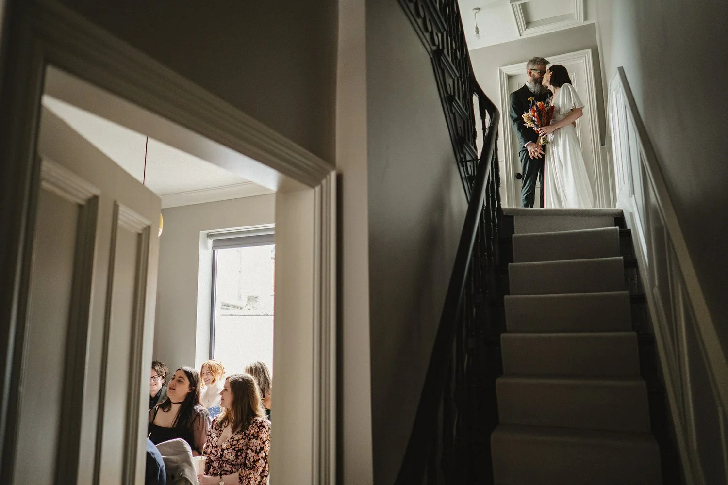  Kathryn and ChrisÕs wedding was supposed to be in Babel rooftop but it burned down 4 days before they were due to get married.  Instead they had their humanist wedding in their own house followed by photos in nearby Ormeau Park and Belfast Cathedral