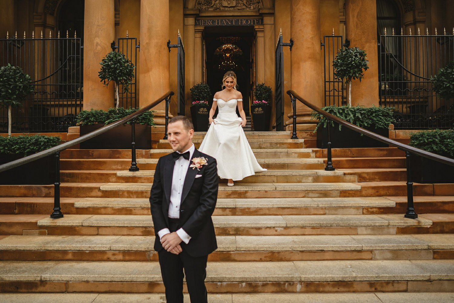  Katie and Jack McGarryÕs Irish American winter wedding at Larchfield estate, with wedding photographs in Belfast Cathedral Quarter and the Merchant Hotel. JackÕs New York Bar, The Dead Rabbit, provided the drinks and cocktails. 