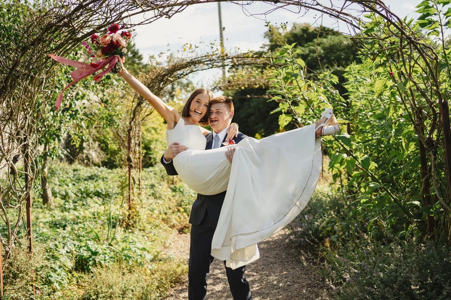 Couple celebrating their wedding at Larchfield estate