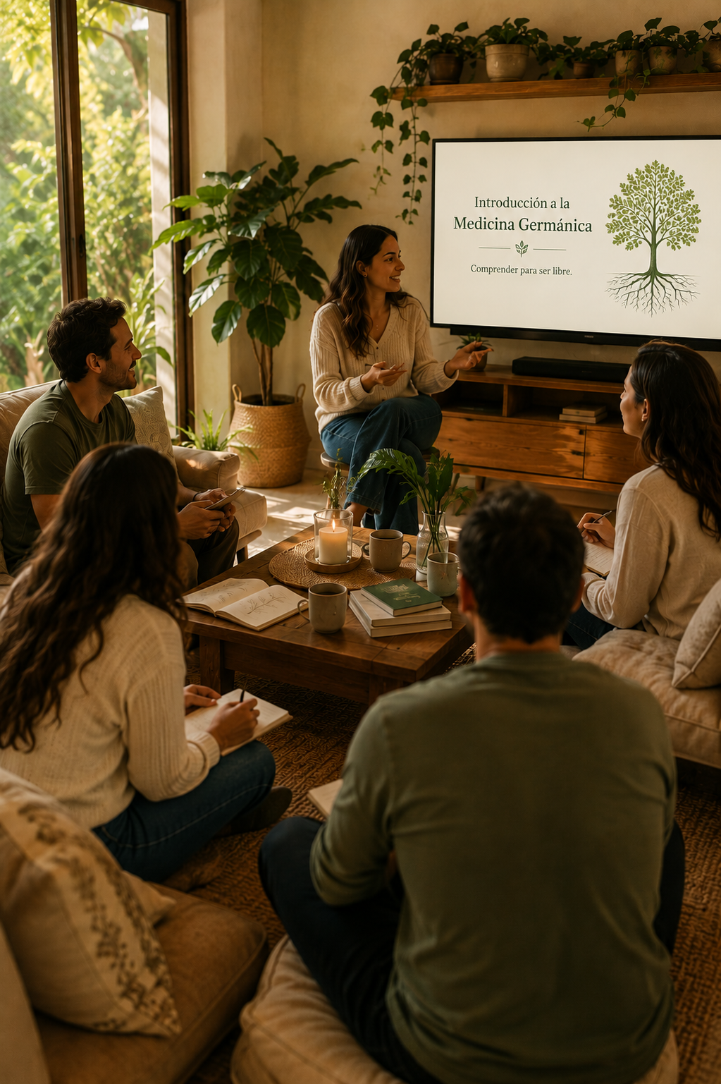 Una mujer da una presentación sobre Medicina Germánica a un grupo de personas en una sala acogedora con plantas y ventanas grandes.