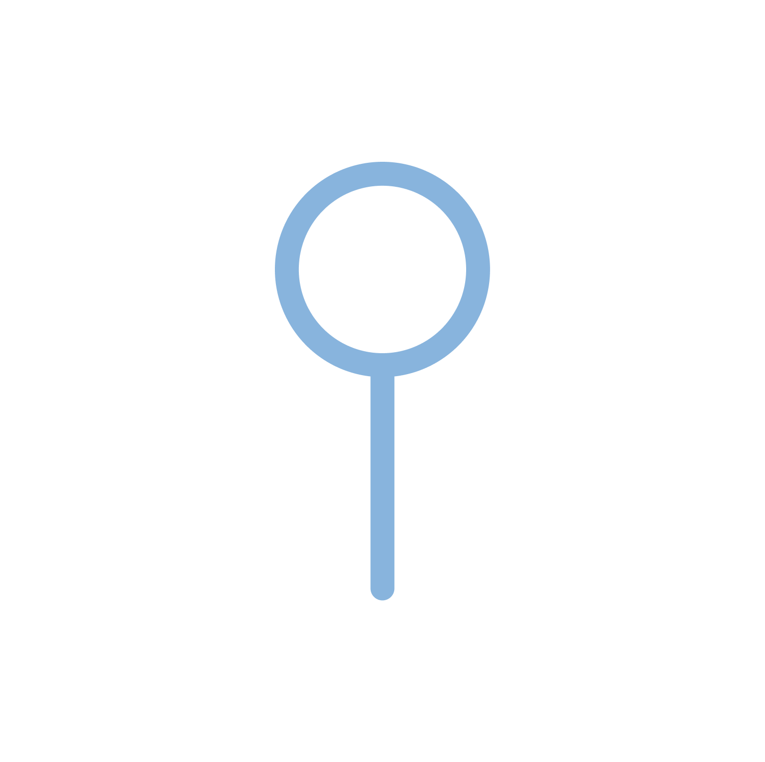 Magnifying glass icon with a blue outline on a gray background.