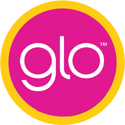 Glo logo with pink background and yellow circular border.