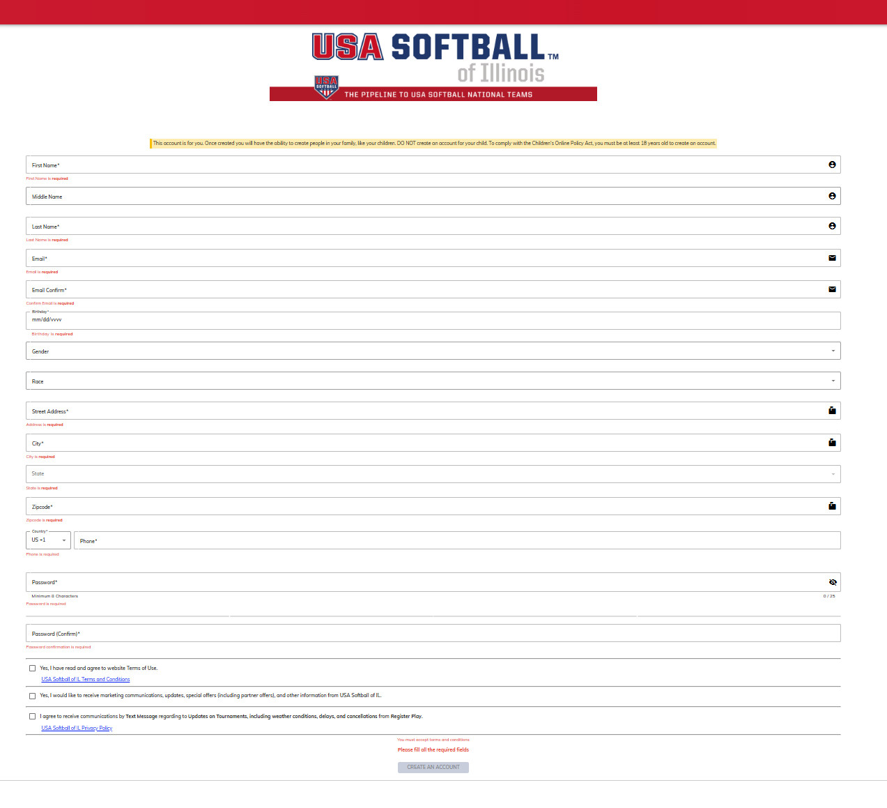 USA Team Registration for - for Manager to complete