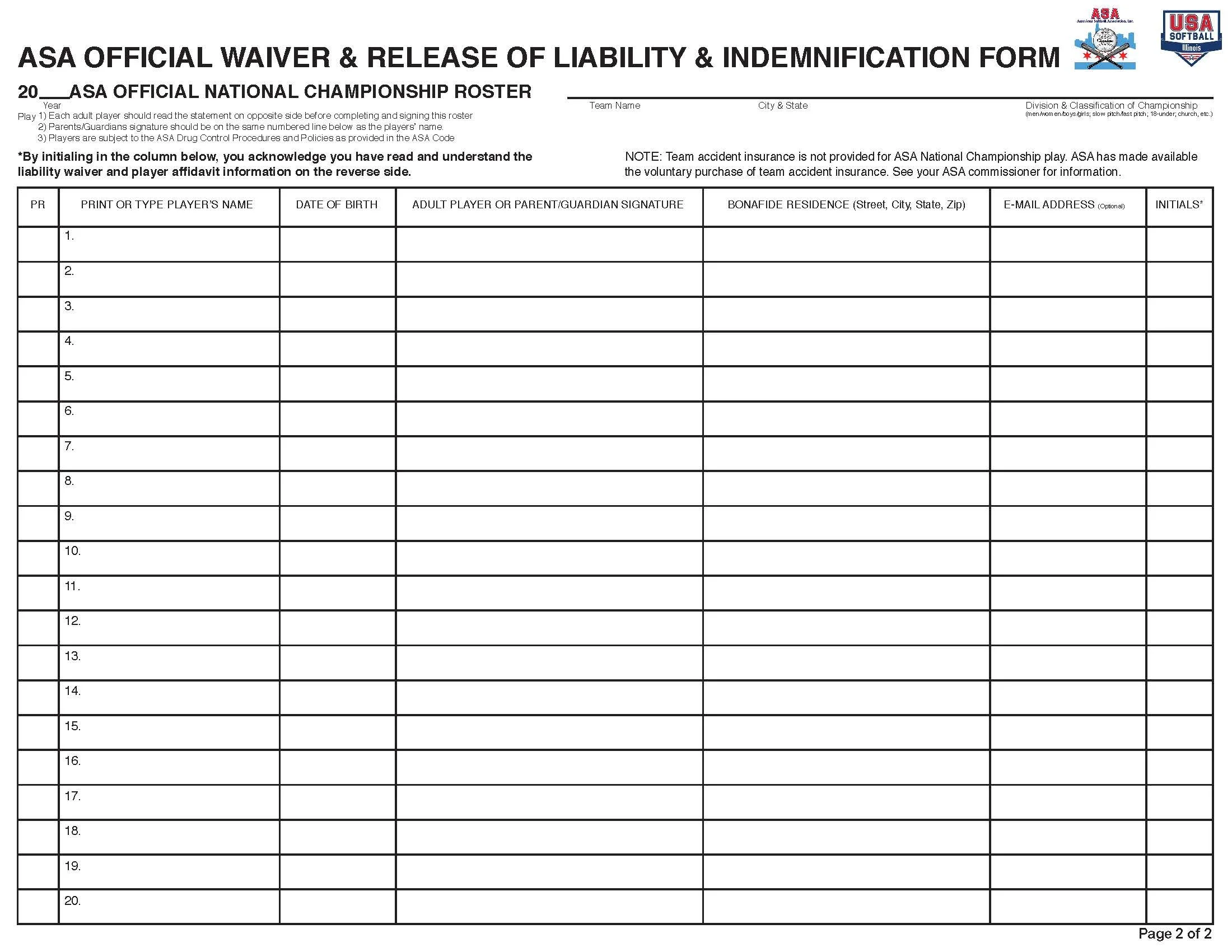Team Roster form - Must be Completed in Full by Everyone! Back Page as well must be completed by Manager