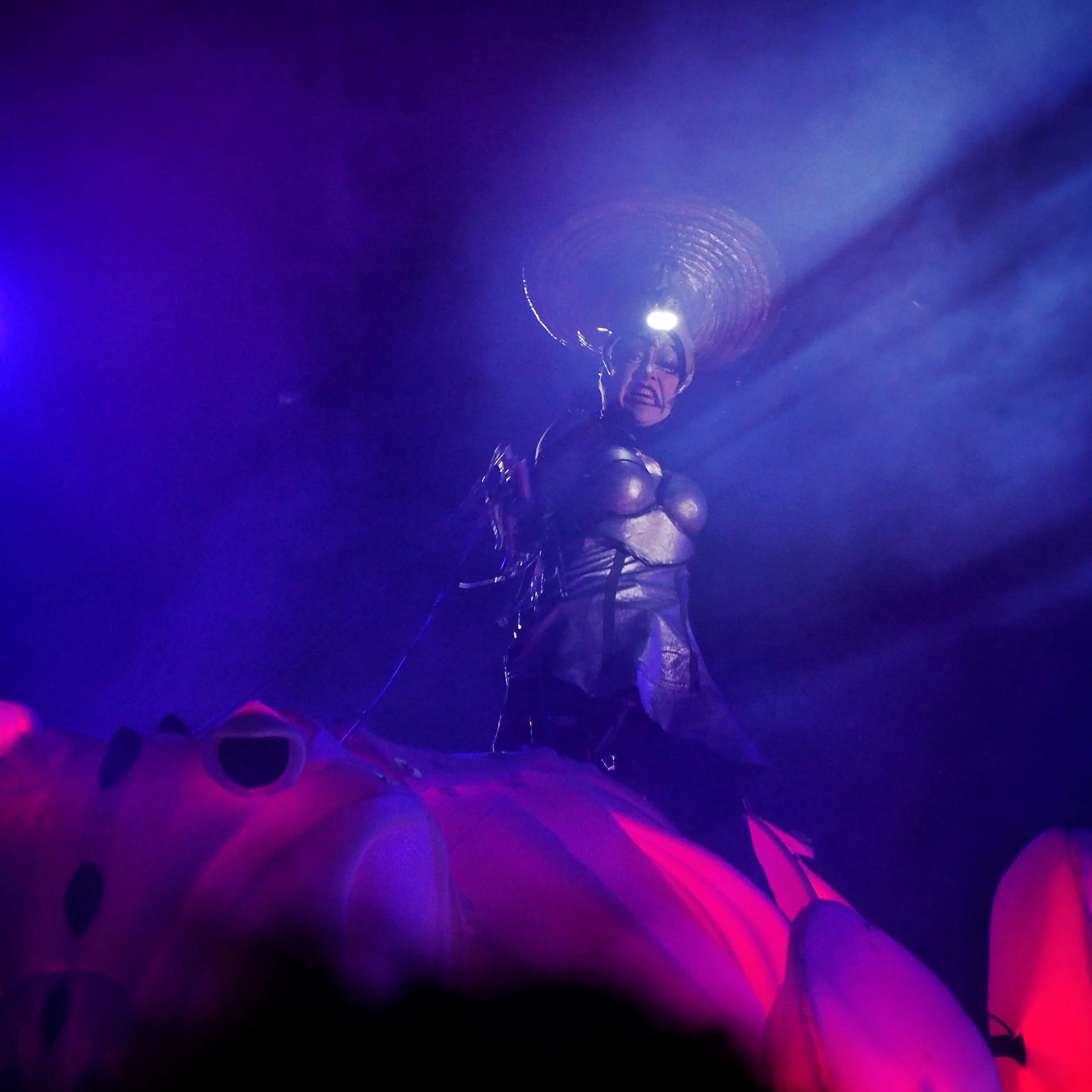 Person wearing glasses and a black jacket making an angry face in a dark setting with blue and purple lighting.