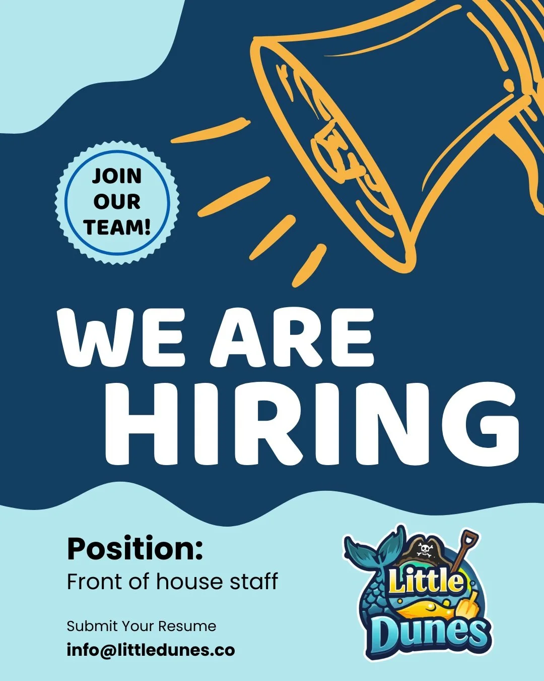The team is growing!

We are looking to add new team members to help check in guests, host birthday parties and play in the sand.

Flexible days/hours!

Send your resume to info@littledunes.co, DM with any questions!

#northhamptonnh #littledunes #hi