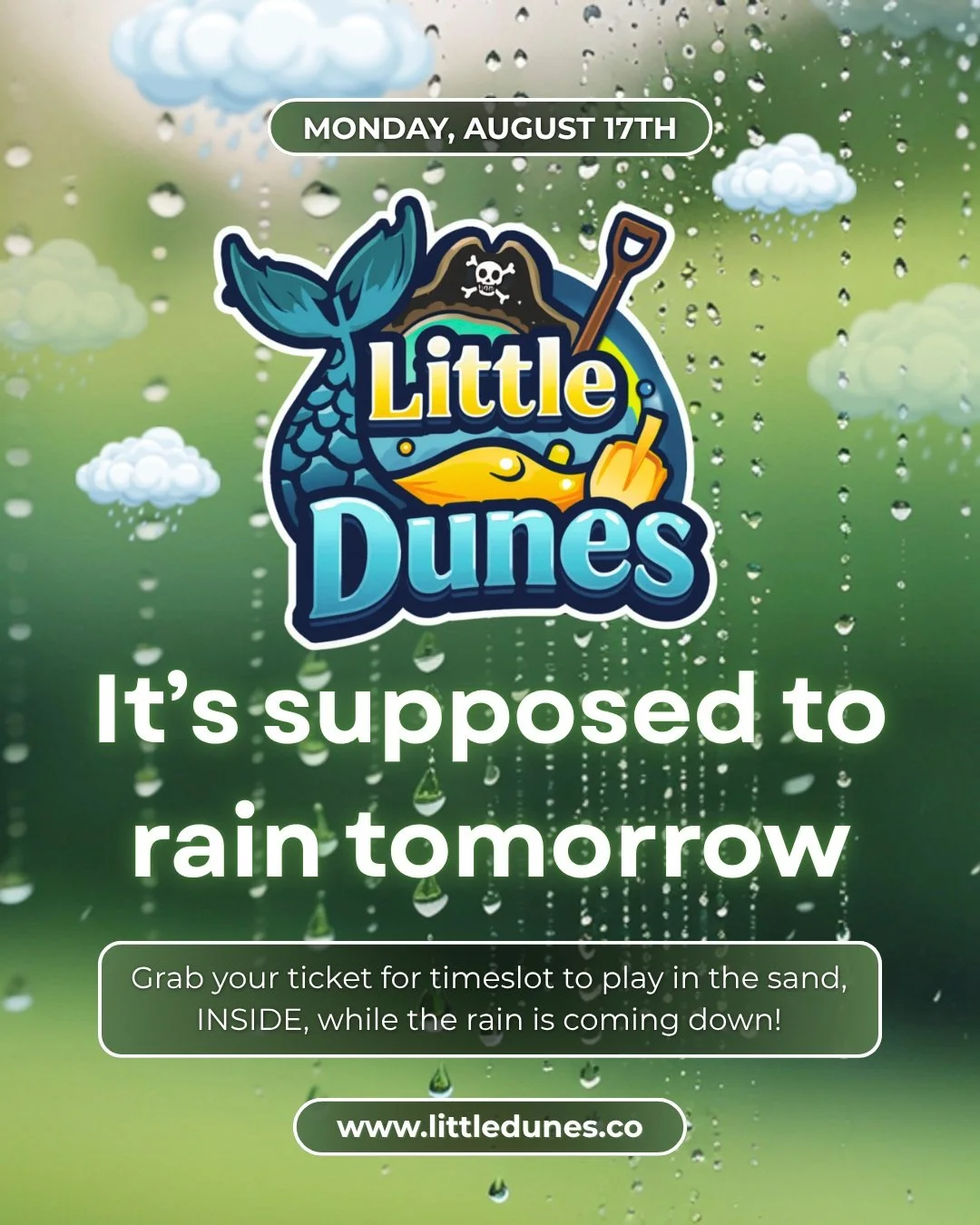 Rumor has it tomorrow is supposed to be a rainy day.. 

We're here for all types of weather and we'd love for you to join us at the beach, inside!

We are selling tickets at the door, but skip the waiver signing line and grab tickets (and sign that w