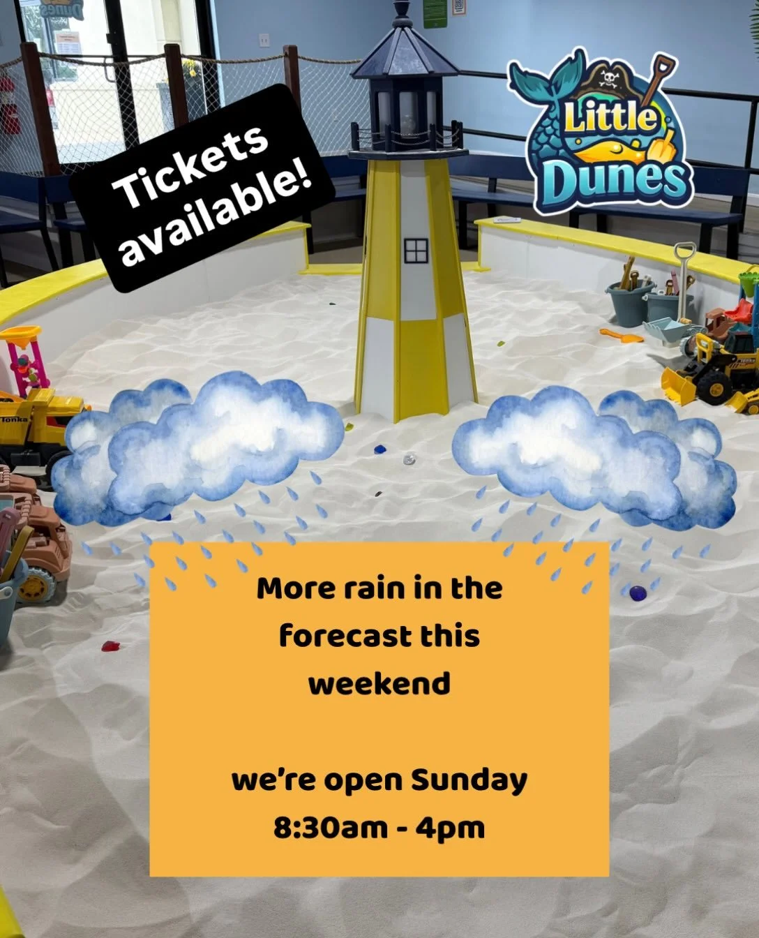One day home when everything&rsquo;s cancelled and the weather isn&rsquo;t great is a little slice of heaven.

With more rain in the forecast tomorrow, is it time for an activity OUT of the house?

We&rsquo;re open 8:30-4pm tomorrow, the sand is dry 