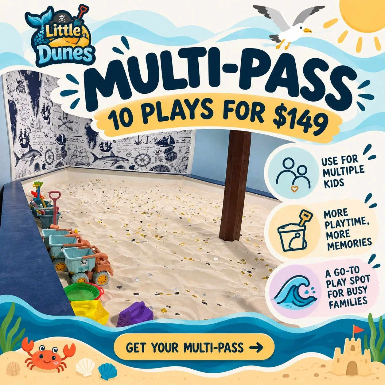 More play. Less planning. 🏖️

When your kids are ready to dig, build, explore, and play, having your next Little Dunes visit already covered makes getting out of the house that much easier.

With a Little Dunes Multi-Pass, you get 10 plays for $149 