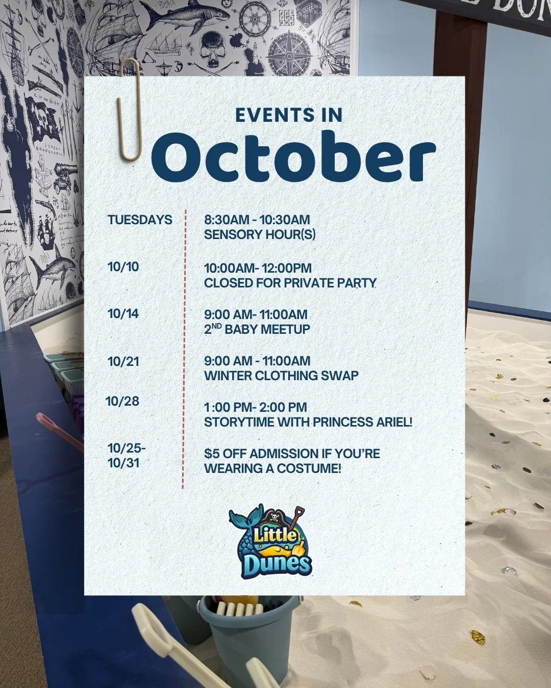 October events! Some favorites (sensory hours) and some new ones, including:

*2nd baby meetup- have 2 (or more) young kids and thinking that everyone else has it all figured out? Spoiler alert, they don't. Come in for adult commiseration while the k