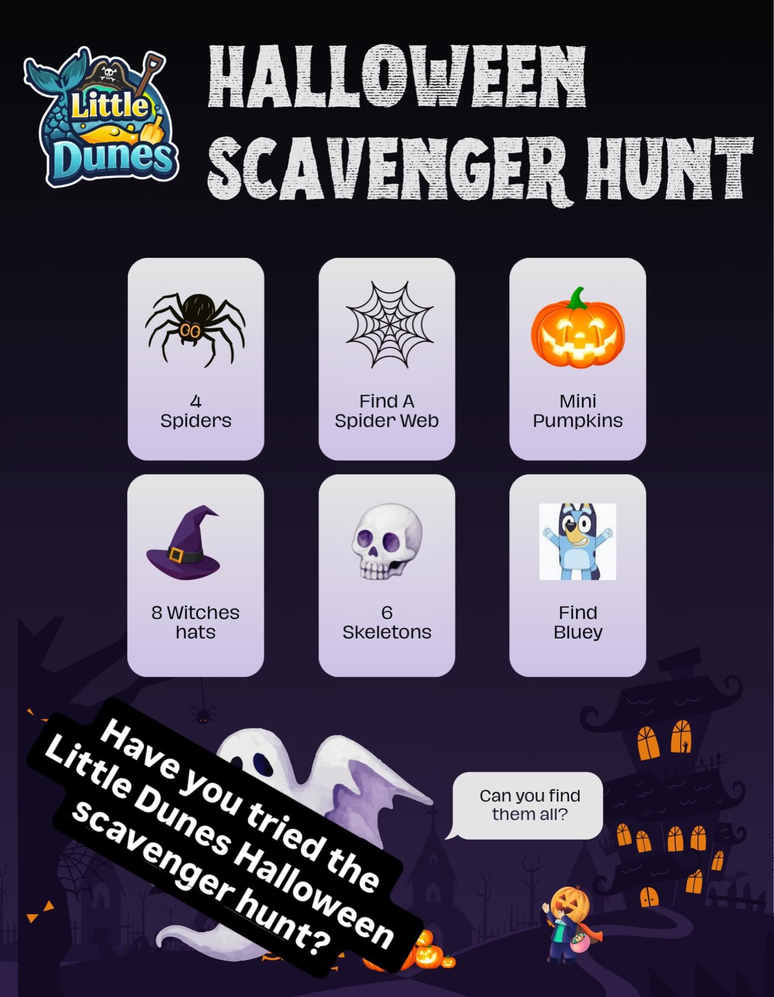 Skeleton, spiders, and more at Little Dunes for the month of October!

Grab a scavenger hunt list, find all the items and get a prize at the end!

Perfect for those dreary October mornings we seem to be having a lot of this year 🎃

#littledunesco #n