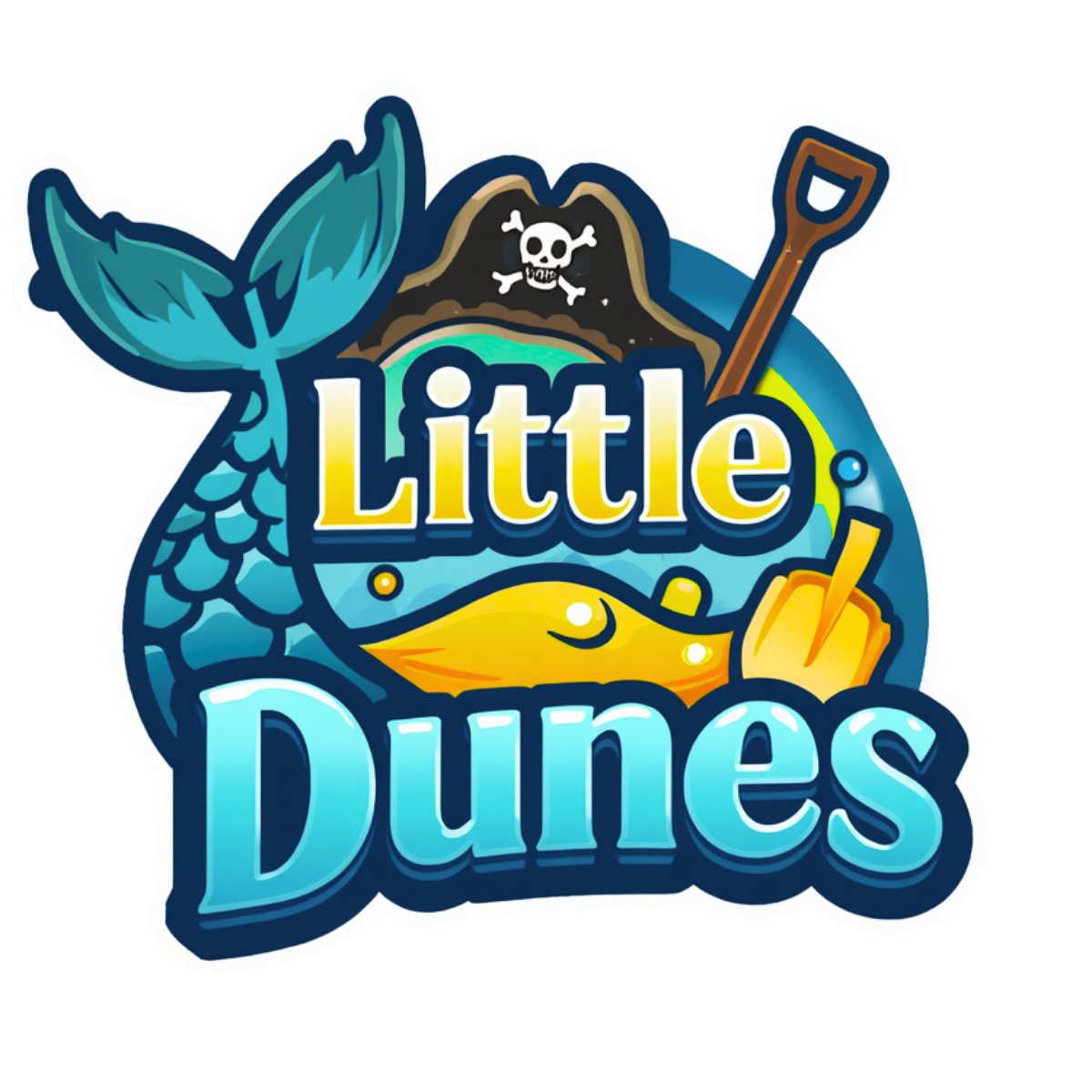 script that says little dunes with a sand shovel, mermaid tail and pirate hat sitting on top of a sandpile