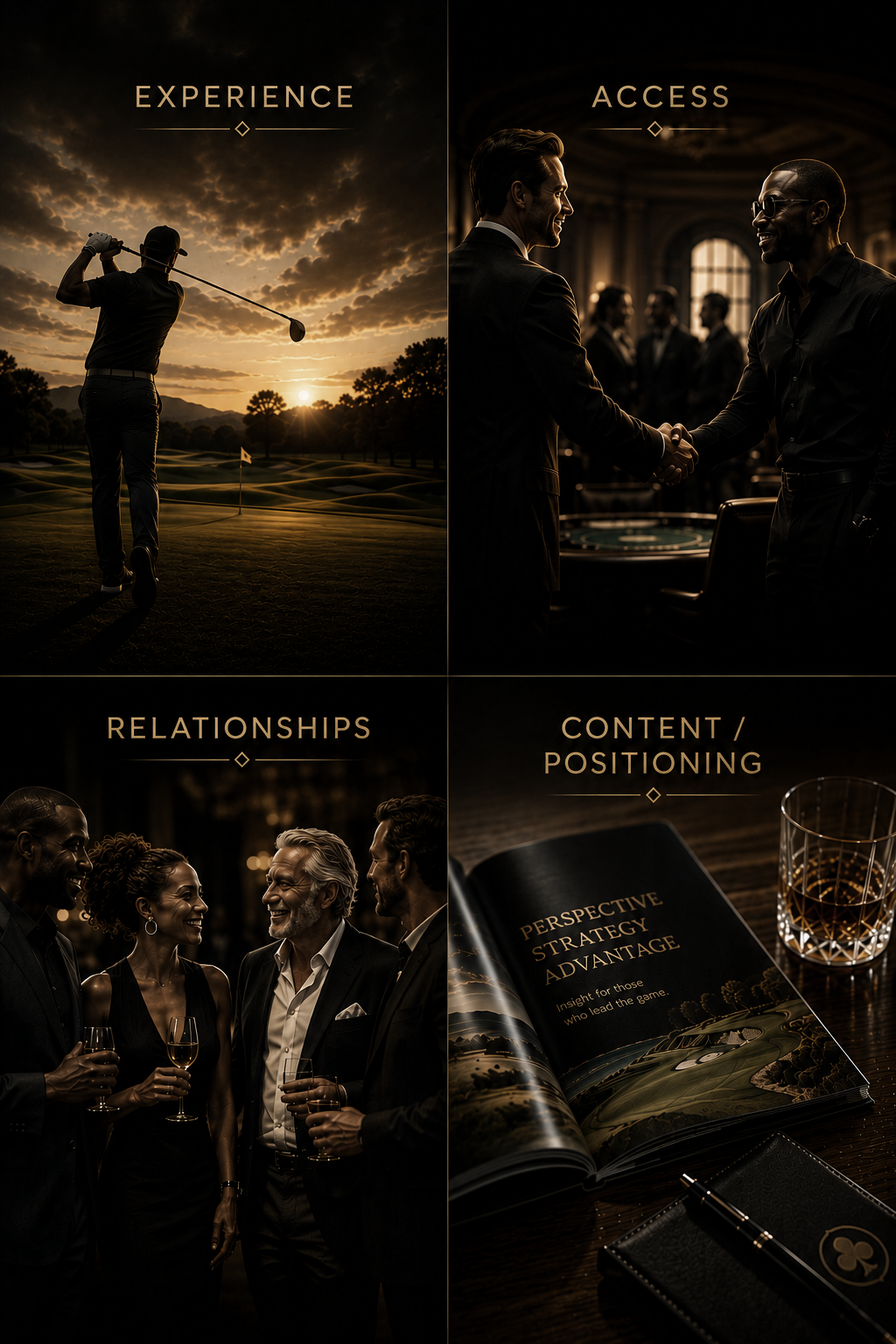 A collage of four images. The first shows a golfer swinging at sunset. The second depicts two men shaking hands in a professional setting. The third features a group of people smiling and holding drinks at a social gathering. The fourth displays an open book titled "Perspective Strategy Advantage" next to a glass of whiskey, a notebook, and a poker chip.