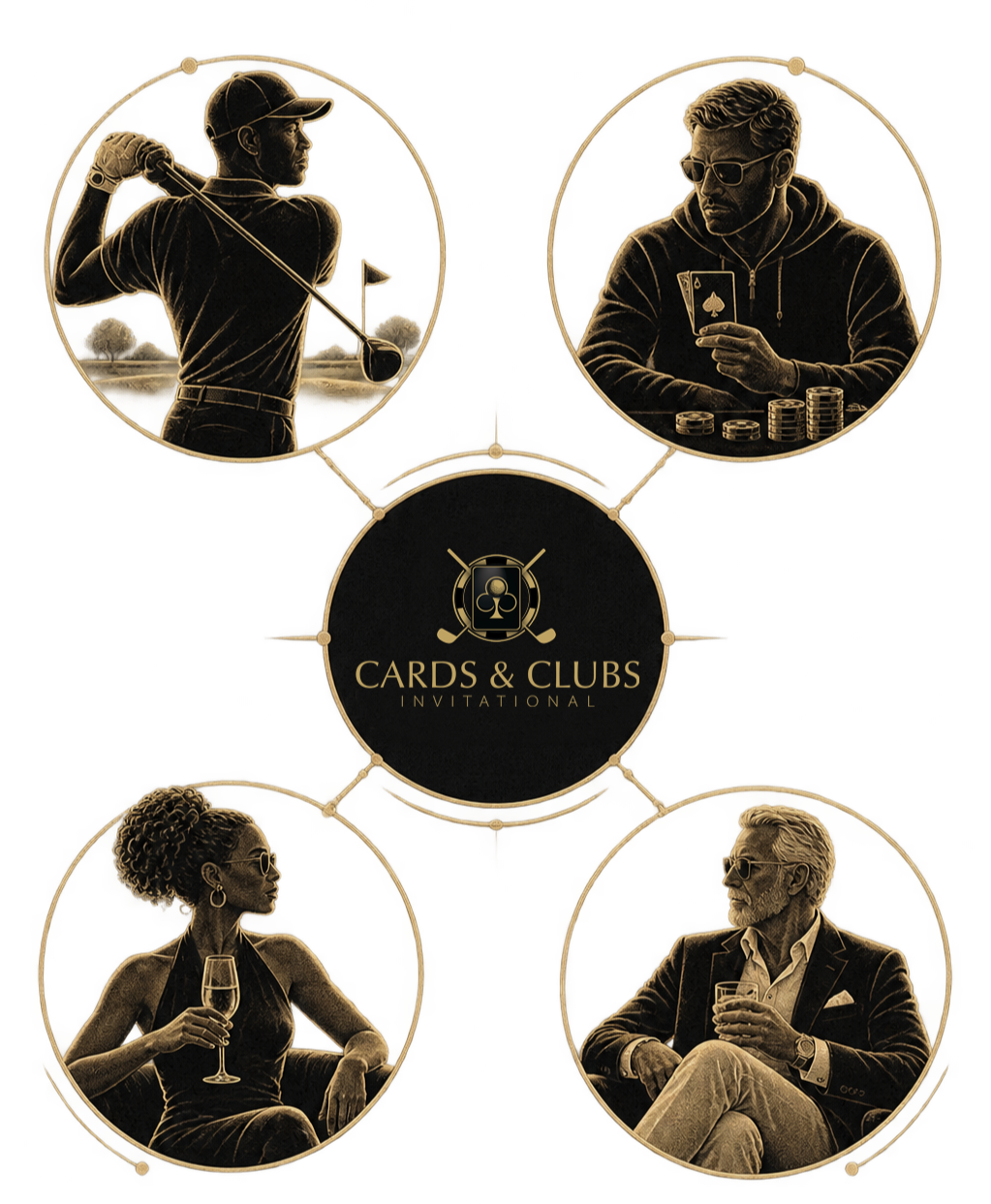 Illustration of four people, a golfer, a man with playing cards, a woman with a glass of wine, and a man with a drink, connected around a central label that reads 'Cards & Clubs Invitational' with images of golf clubs and playing cards.