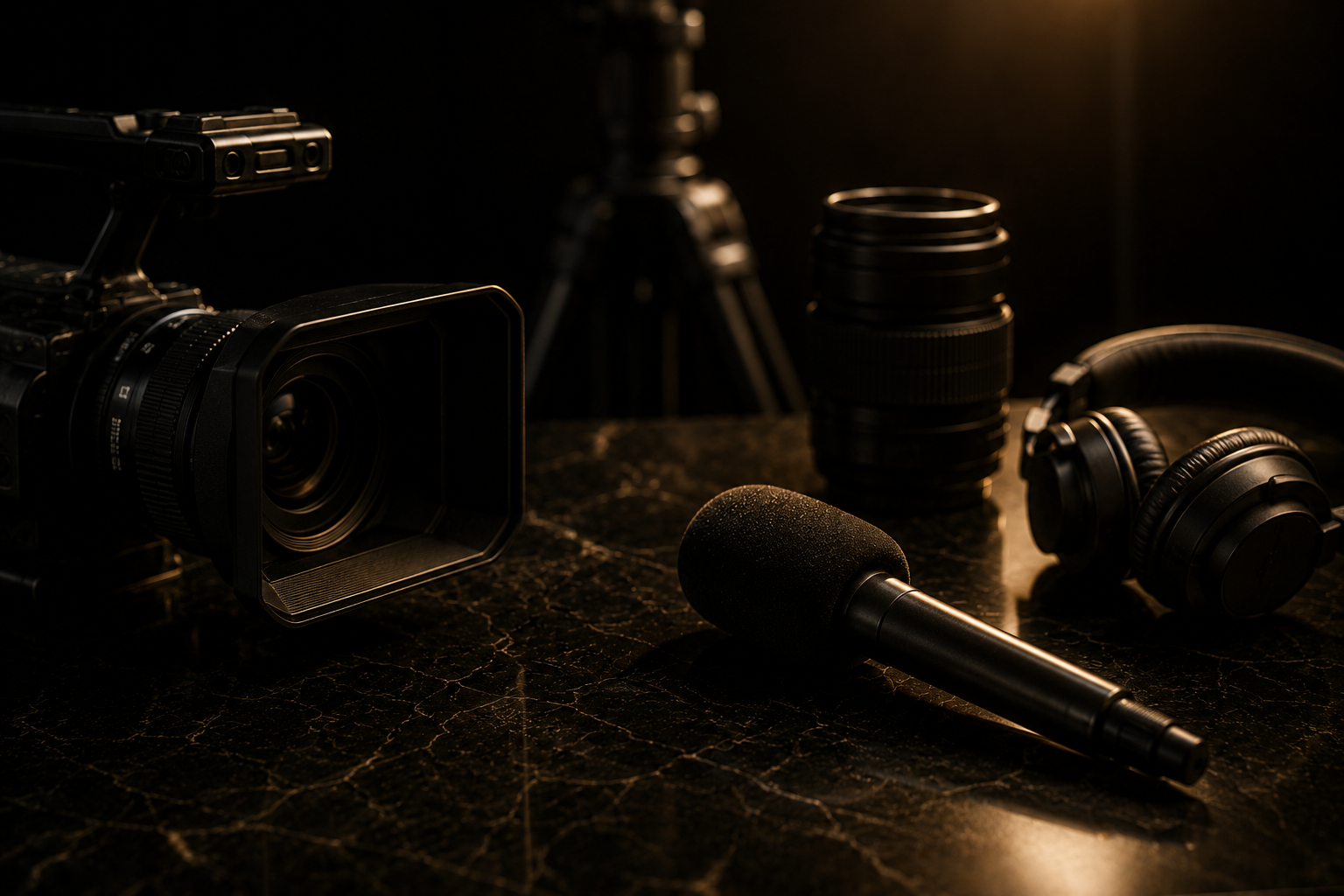 Studio setup with professional camera, microphone, headphones, and lens filters on a dark marble surface
