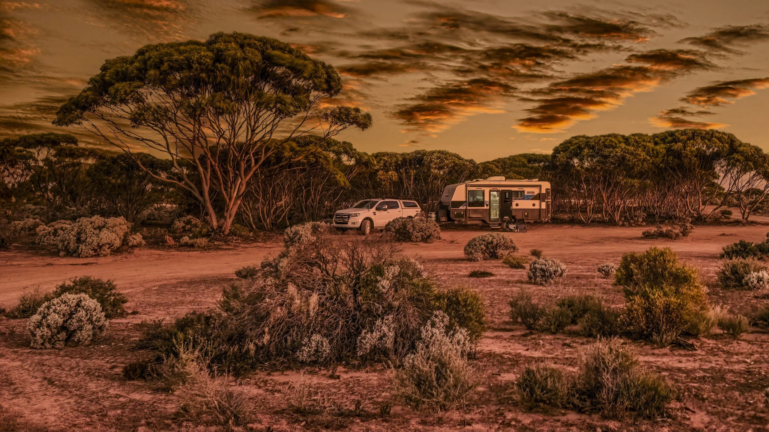 RV and white pickup truck parked in a desert landscape with sparse bushes and large trees, under a sunset sky with orange clouds.