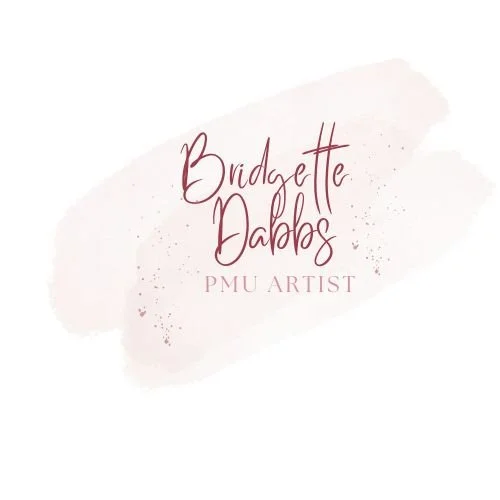Elegant graphic with the name Bridgette Dabbs and the title PMU Artist written below in a soft pink handwritten font, with a light pink watercolor background and subtle splatters.