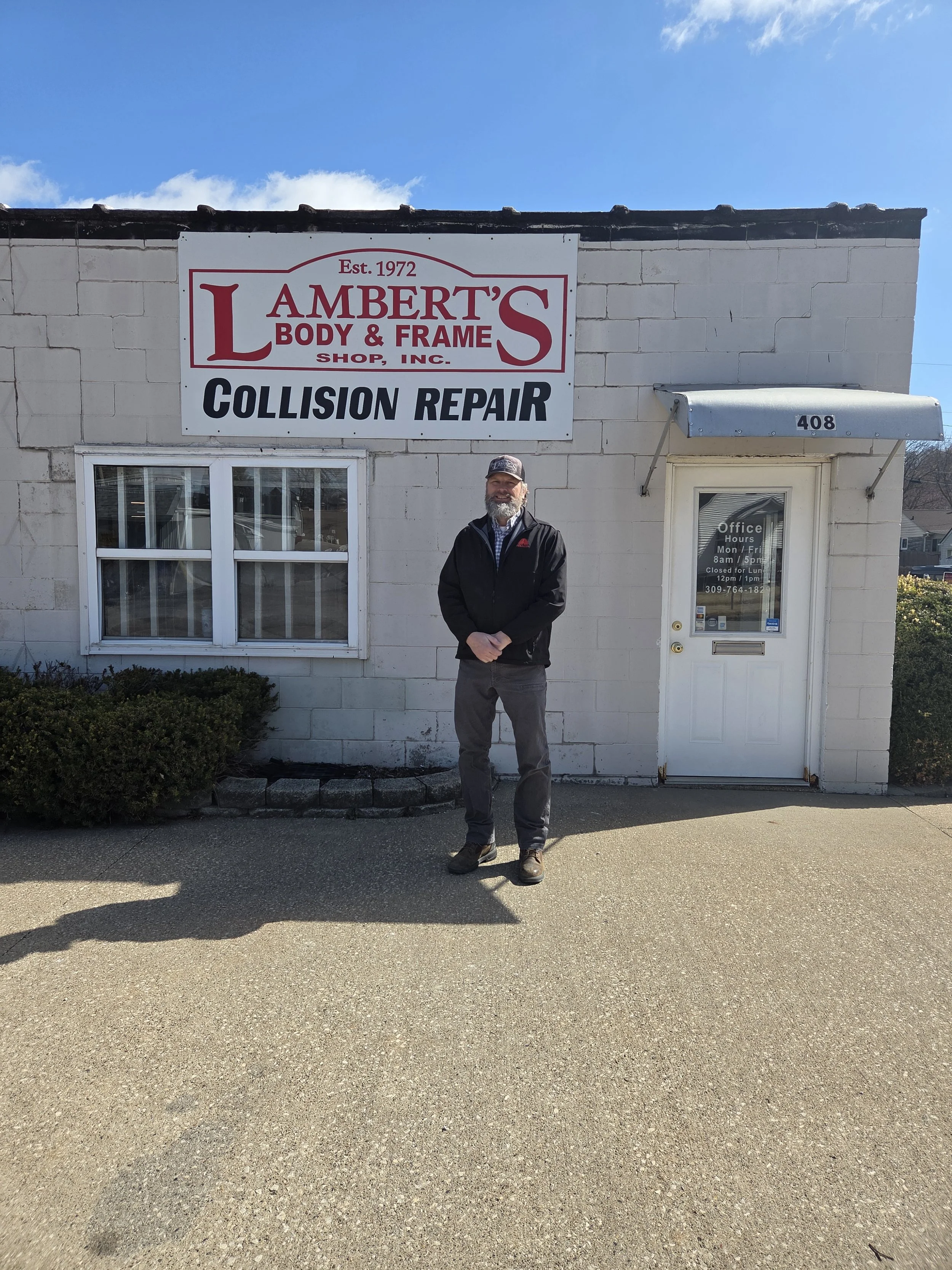 Rod Lambert outside of  'L.AMBERT'S Body & Frame Shop, Inc. Collison Repair. Address: 408 50th St Moline, Il 61265