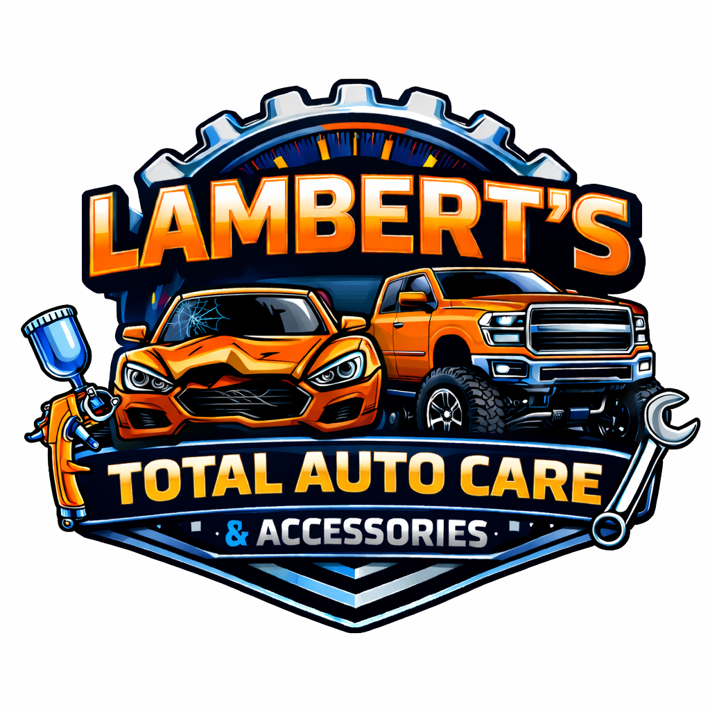 Logo for Lambert's Total Auto Care & Accessories featuring an orange car, an orange truck, a spray gun, and a wrench, with a gear and speedometer in the background.