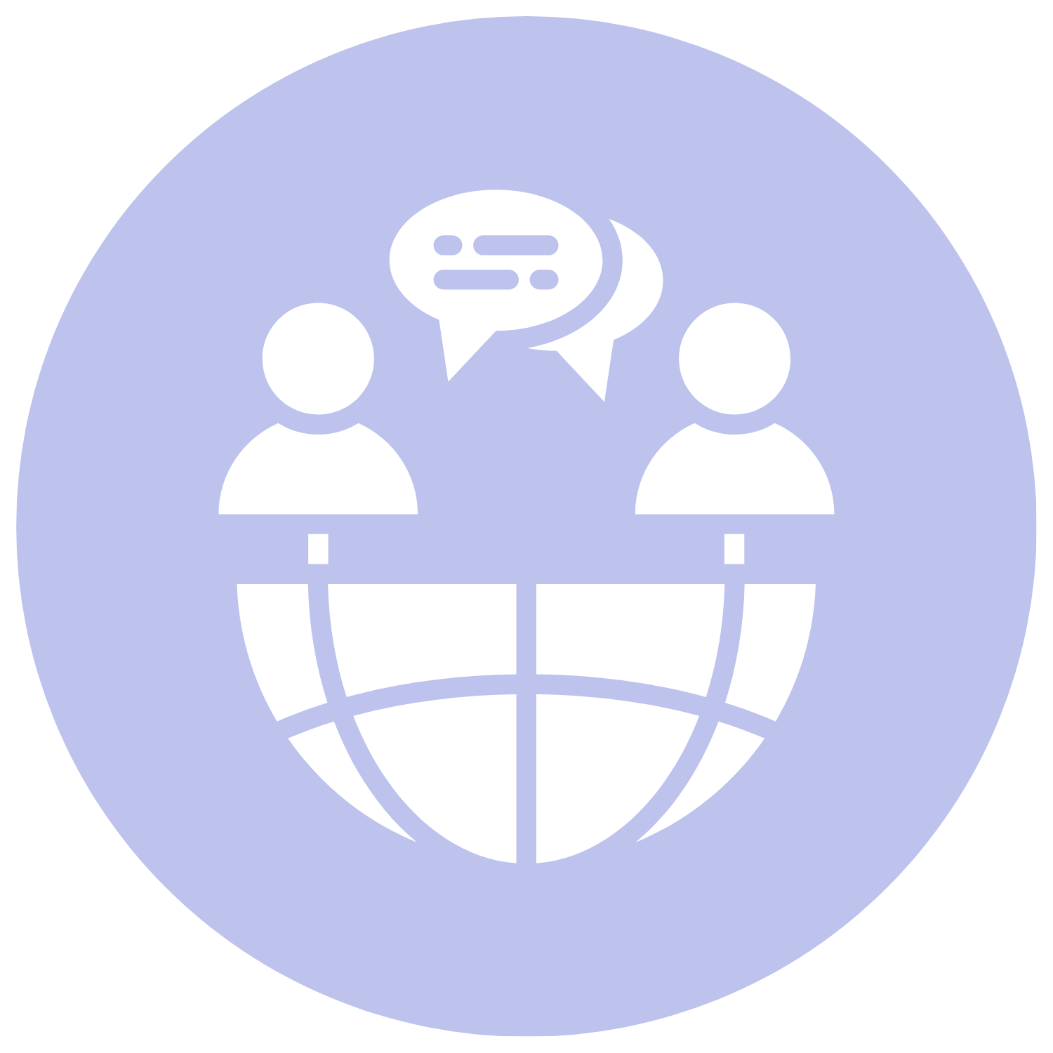 Icon depicting two people with speech bubbles above them, standing on a globe, representing global communication or international conversation.