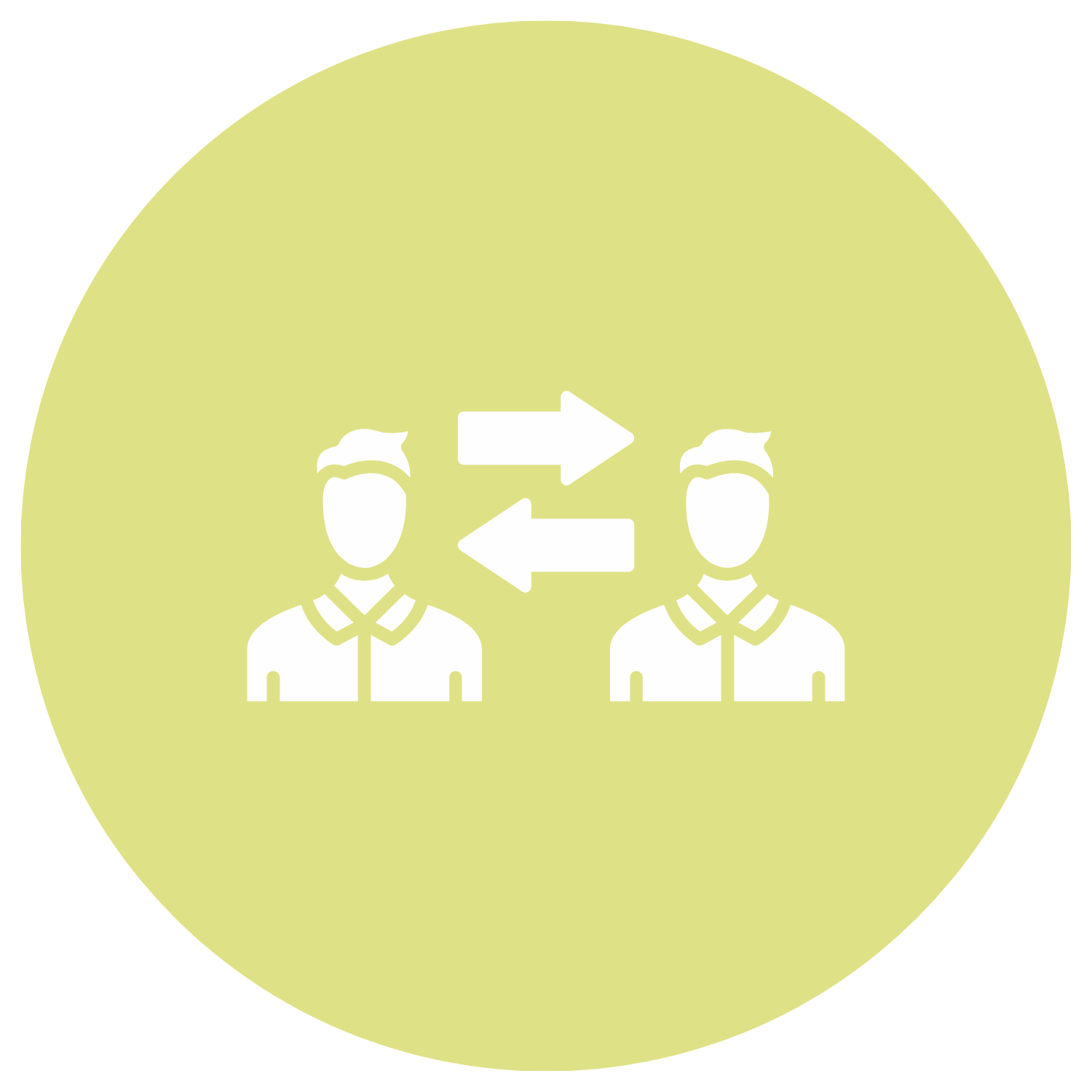 Icon of two people communicating with arrows between them, indicating conversation or exchange of information.
